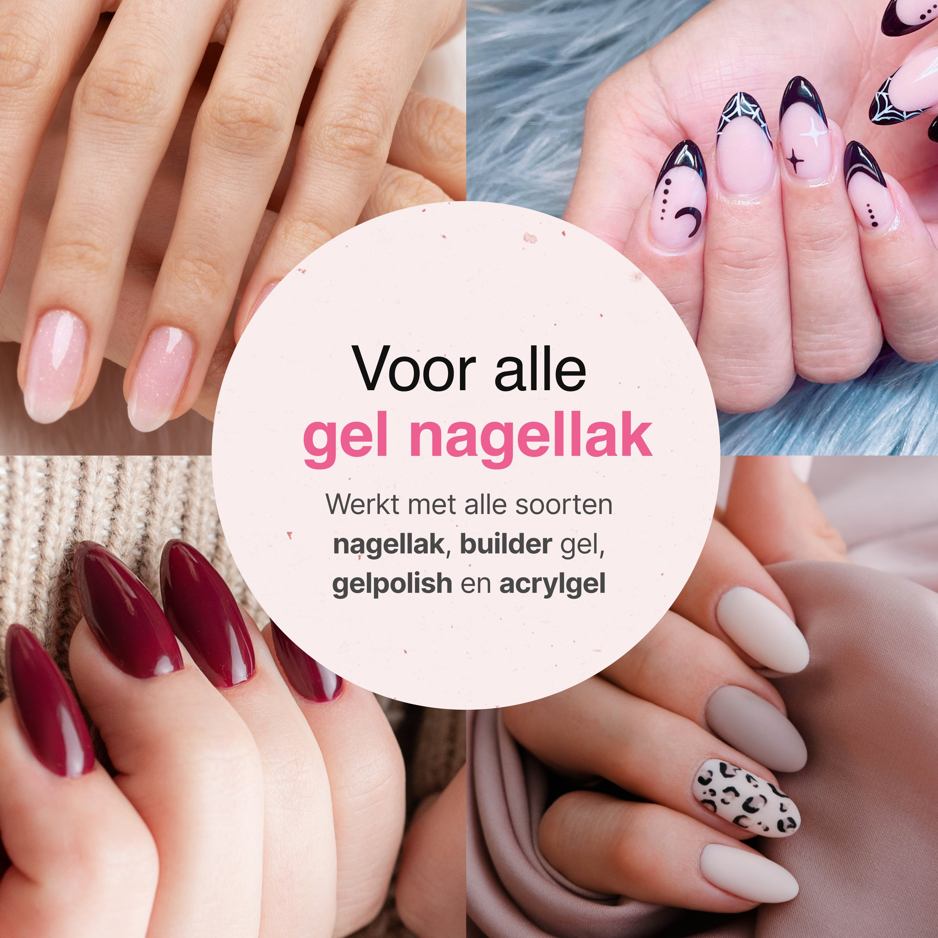 Image features various manicured nails with gel polish. Designs include solid colors and nail art, advertised as gel nail polish.