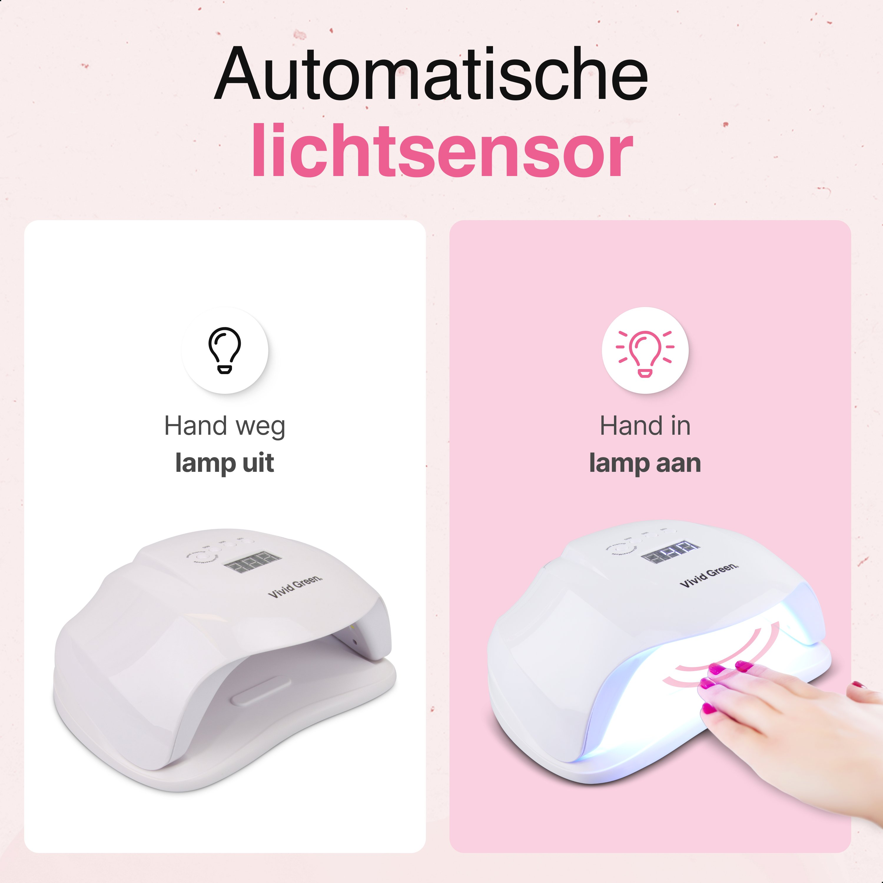 Image shows a nail lamp, with text in Dutch indicating hand in lamp on, hand out lamp off.