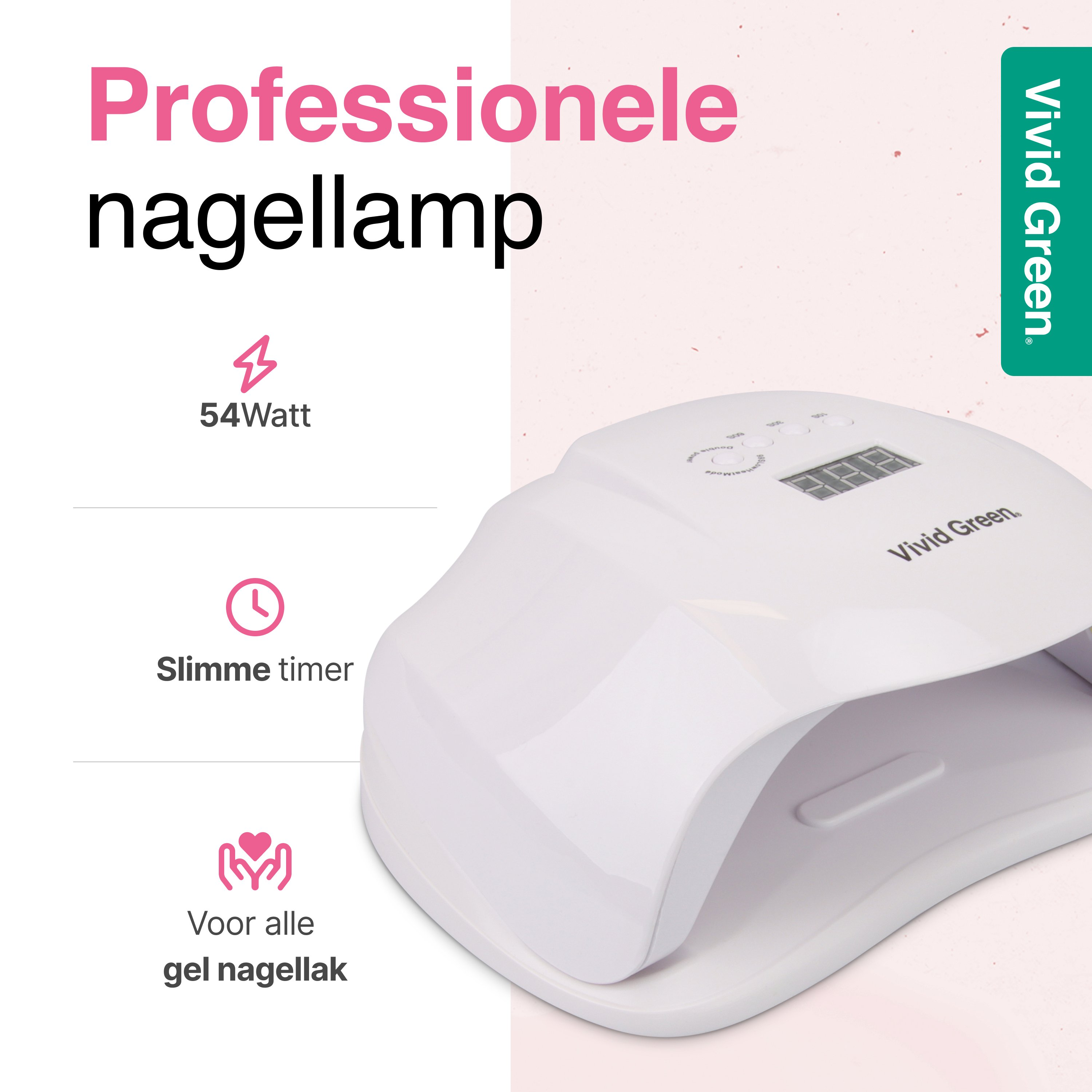 White nail lamp with digital display and pink text. The background is a light pink gradient.