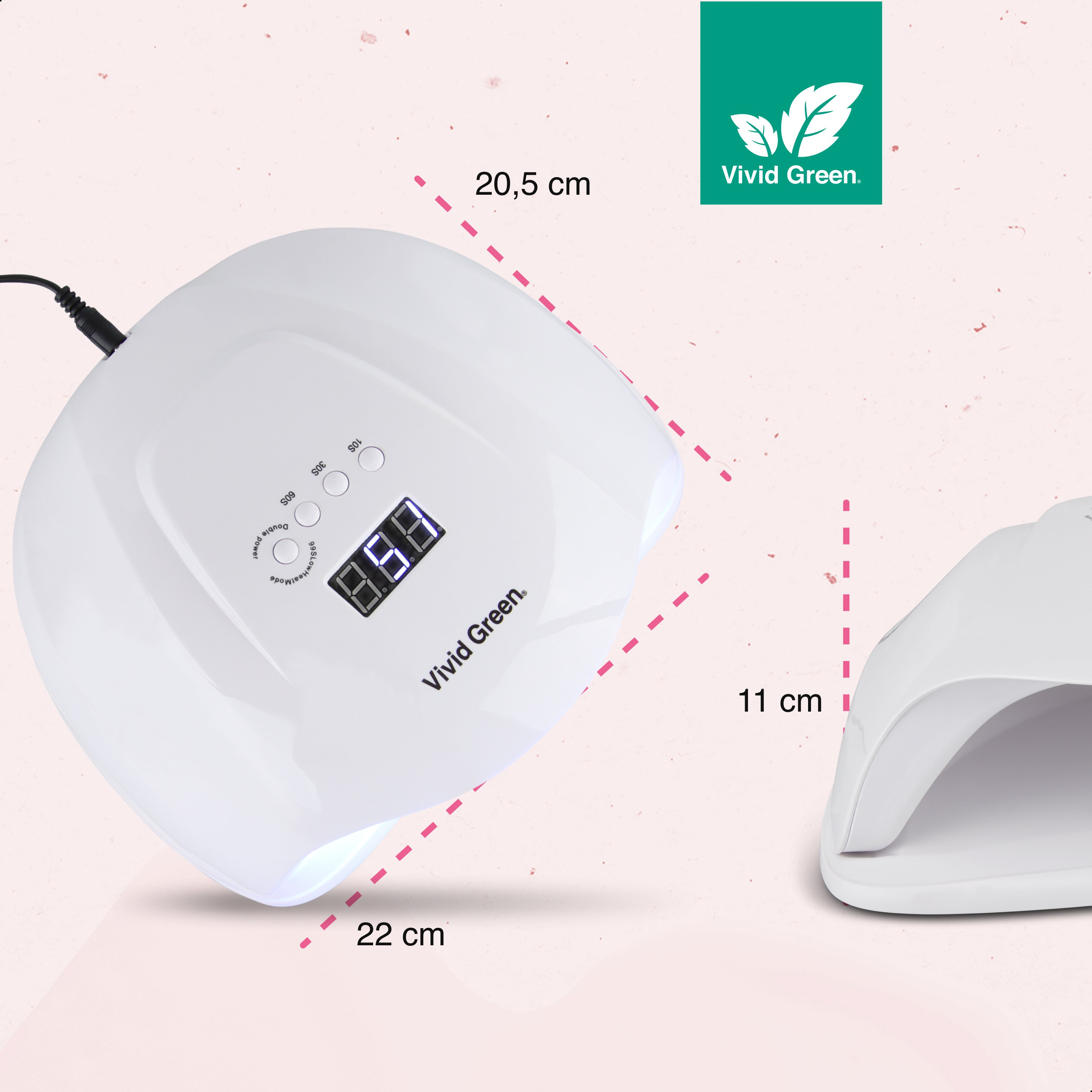 White nail lamp with digital display, buttons, and measurements. Vivid Green logo in the upper right corner.