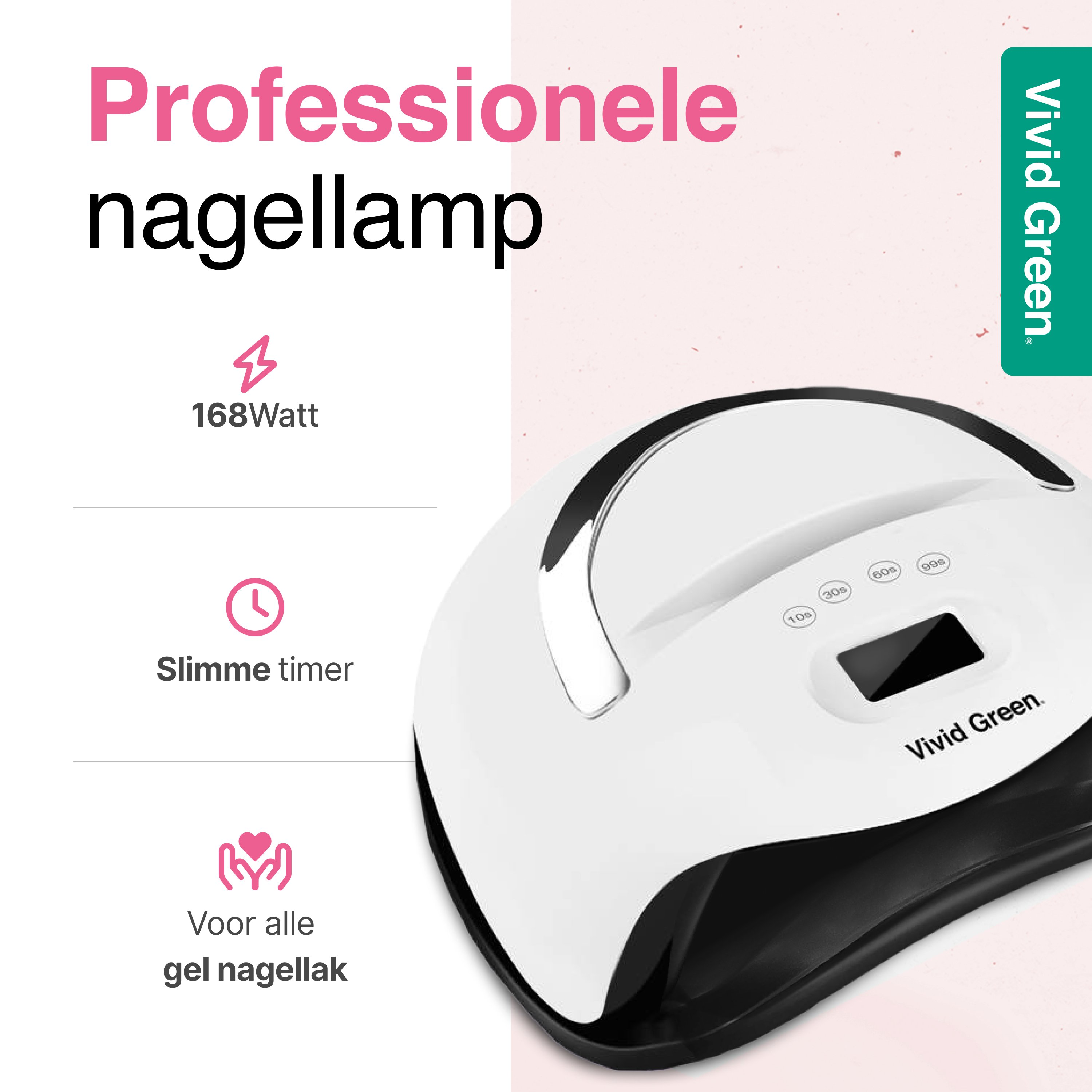 A white and black nail lamp with a timer and display, pink text overlay.