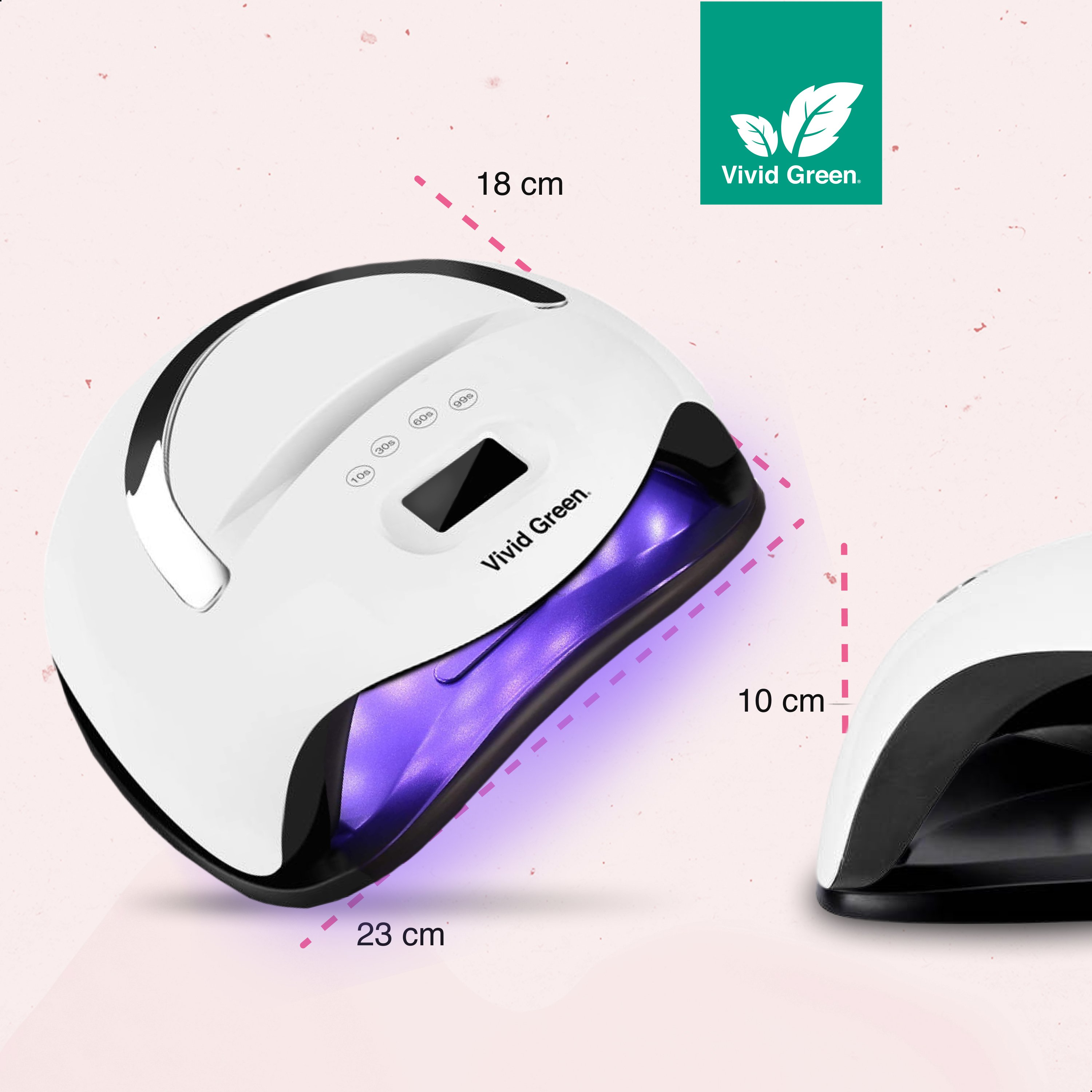 White and black nail lamp with purple light. Measurement labels are 18cm, 23cm, and 10cm. Vivid Green logo is visible.