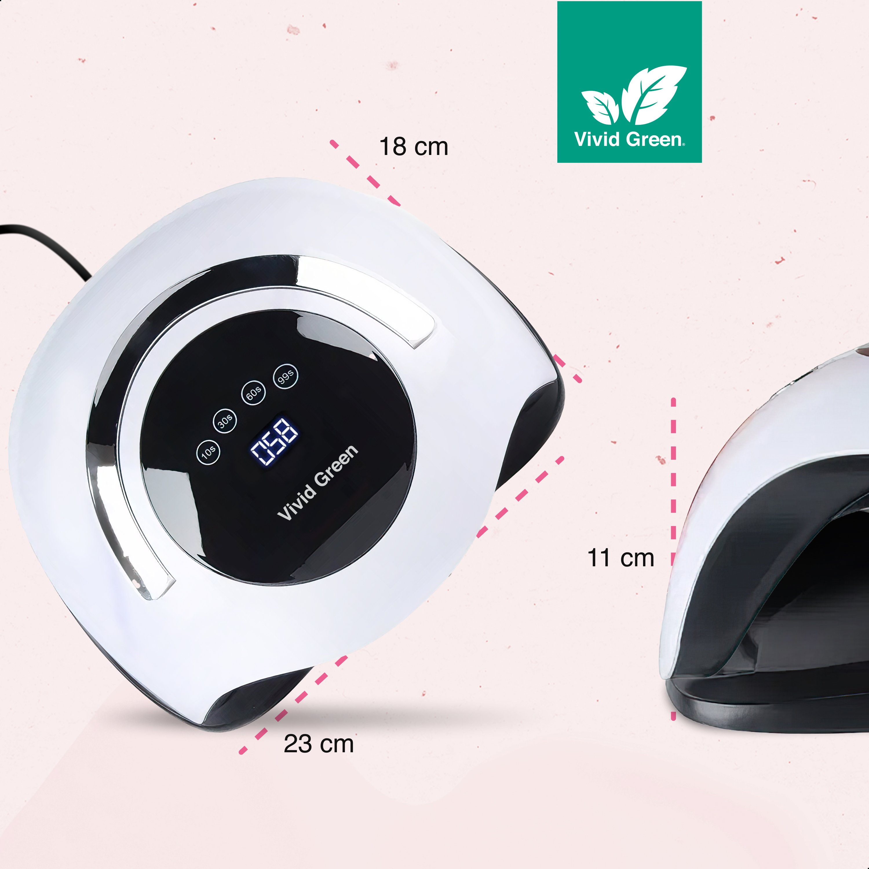 A white and black nail lamp with a digital display. The brand name is Vivid Green. Pink background and dimensions noted.