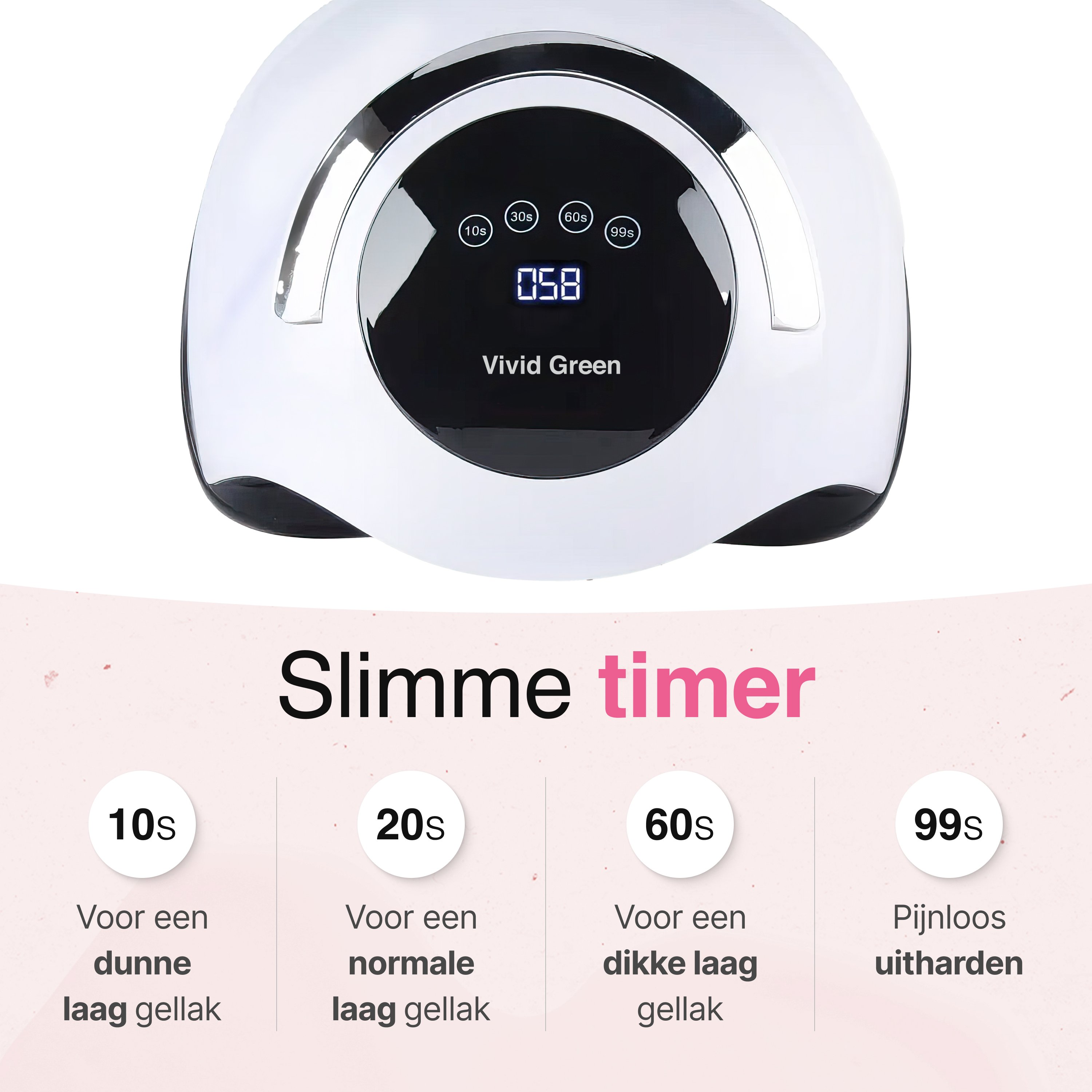 A white nail curing lamp with a digital display showing 058 and buttons for different time settings.