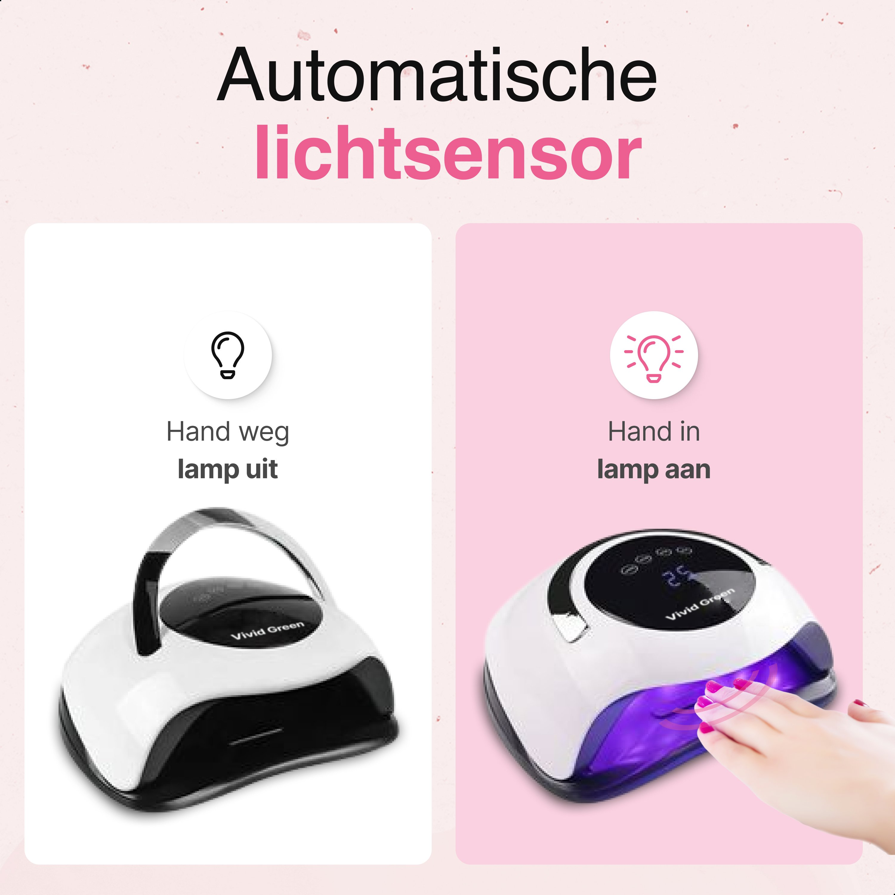 Image shows a nail lamp with hand inside. Text says 'Hand in lamp aan' and 'Hand weg lamp uit' on the sides.