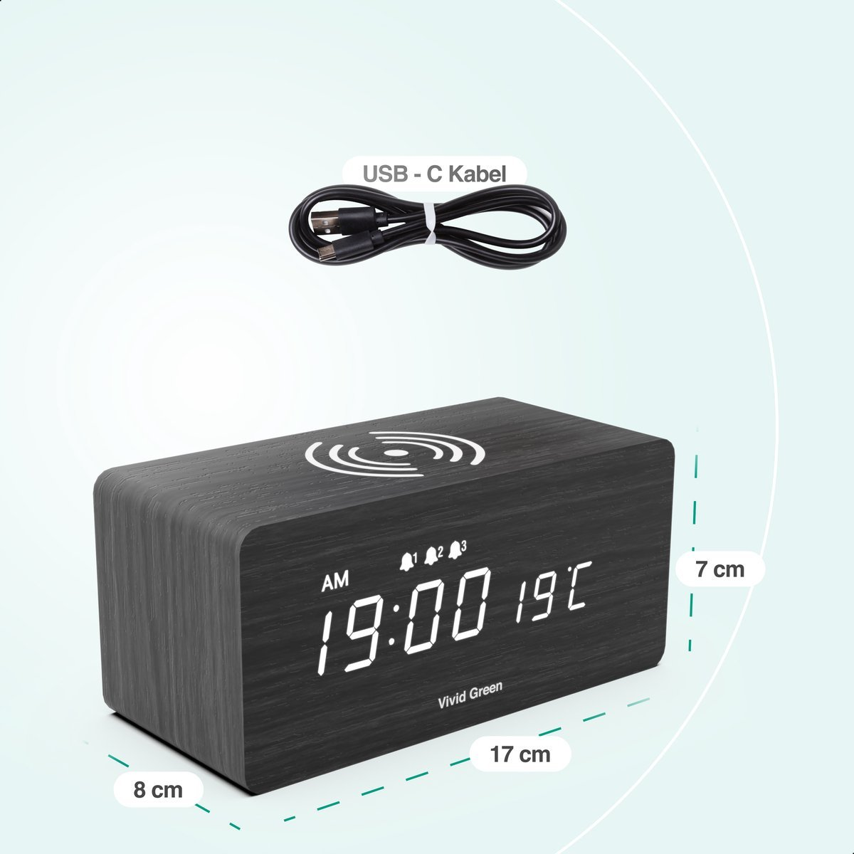 A black wooden digital alarm clock displays 19:00. A USB-C cable is above it. Dimensions are indicated: 17cm, 8cm, and 7cm.