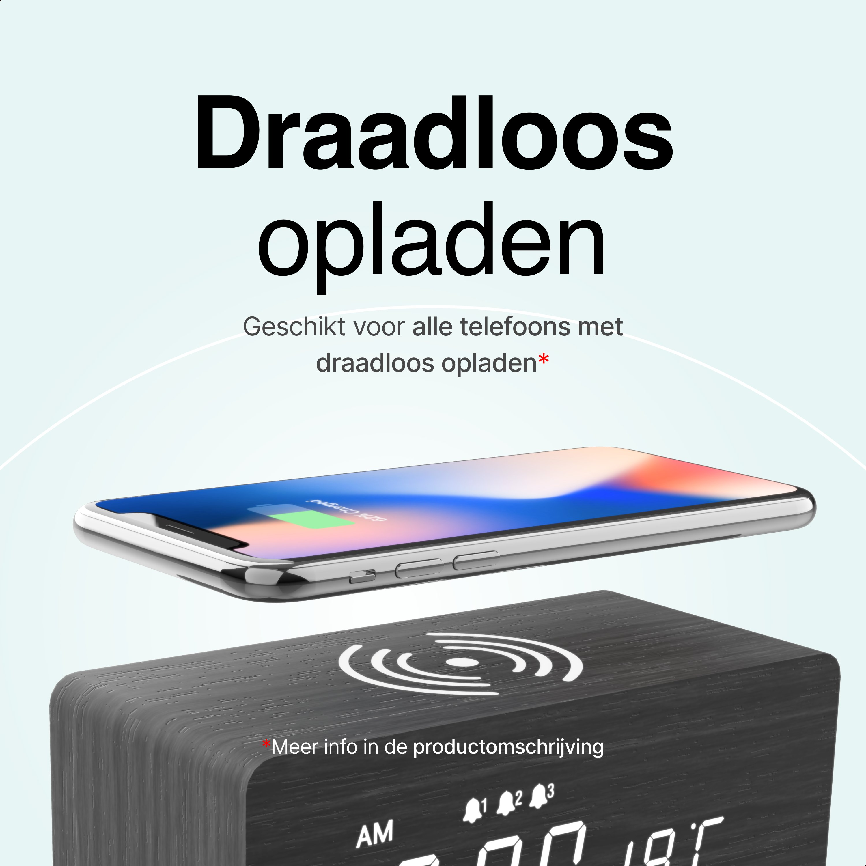 A phone wirelessly charging on a wooden clock. Text says 'Wireless charging', 'Suitable for all phones'.