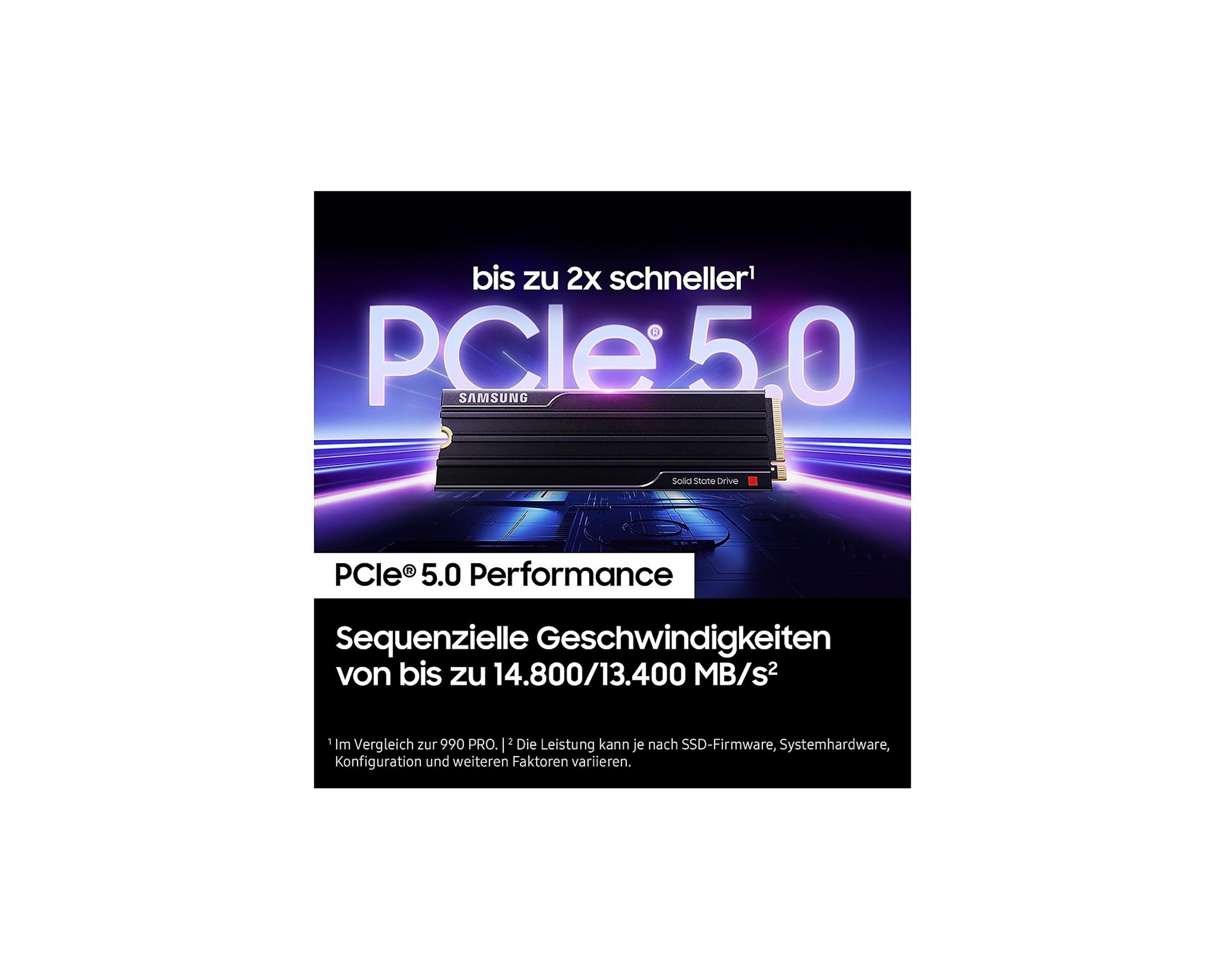 Reklama przedstawia czarny dysk SSD Samsung PCIe 5.0. Tekst głosi 'bis zu 2x schneller' i dane dotyczące prędkości.