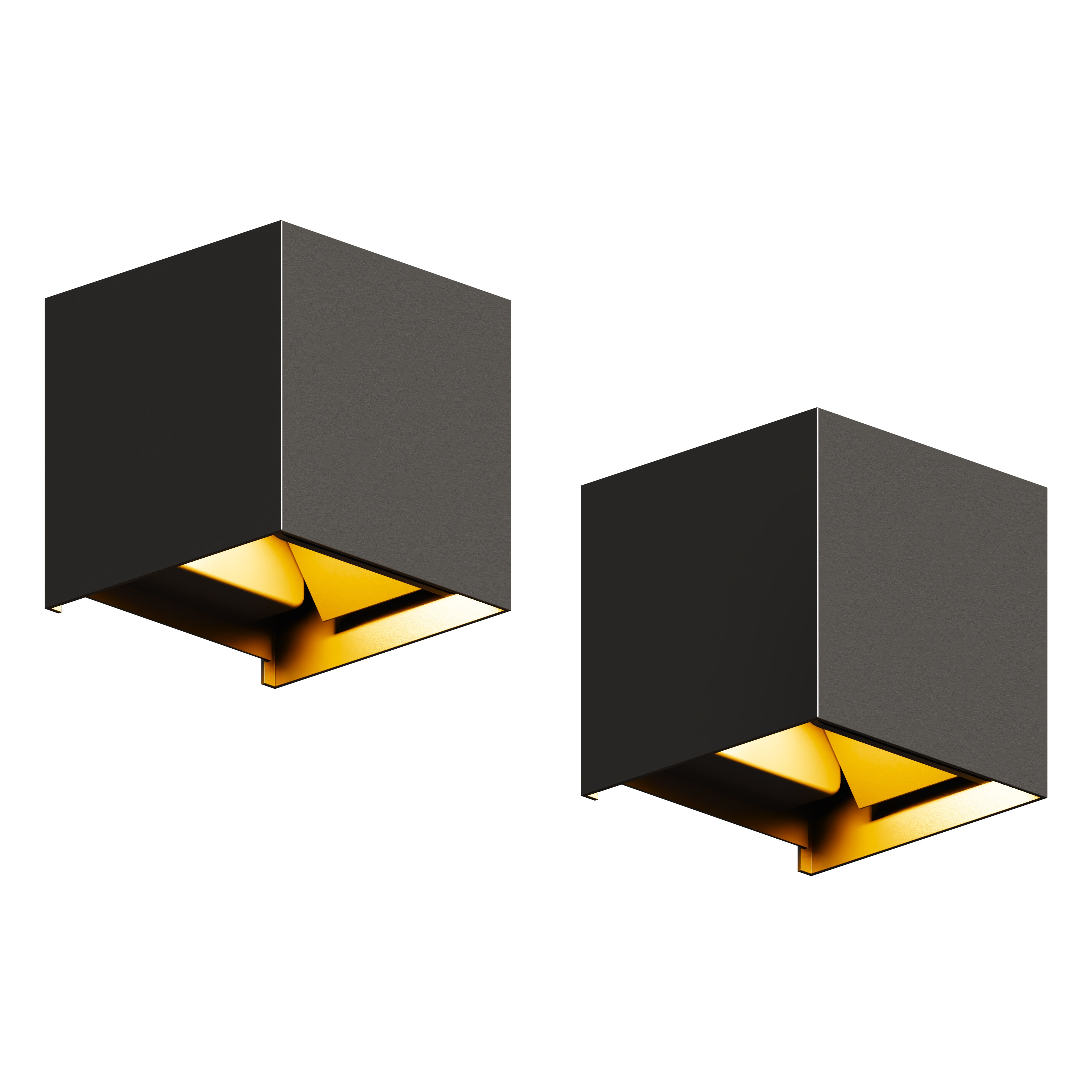 Twee zwarte, kubusvormige lampen. Elk heeft een gouden interieur en staan op een witte achtergrond.