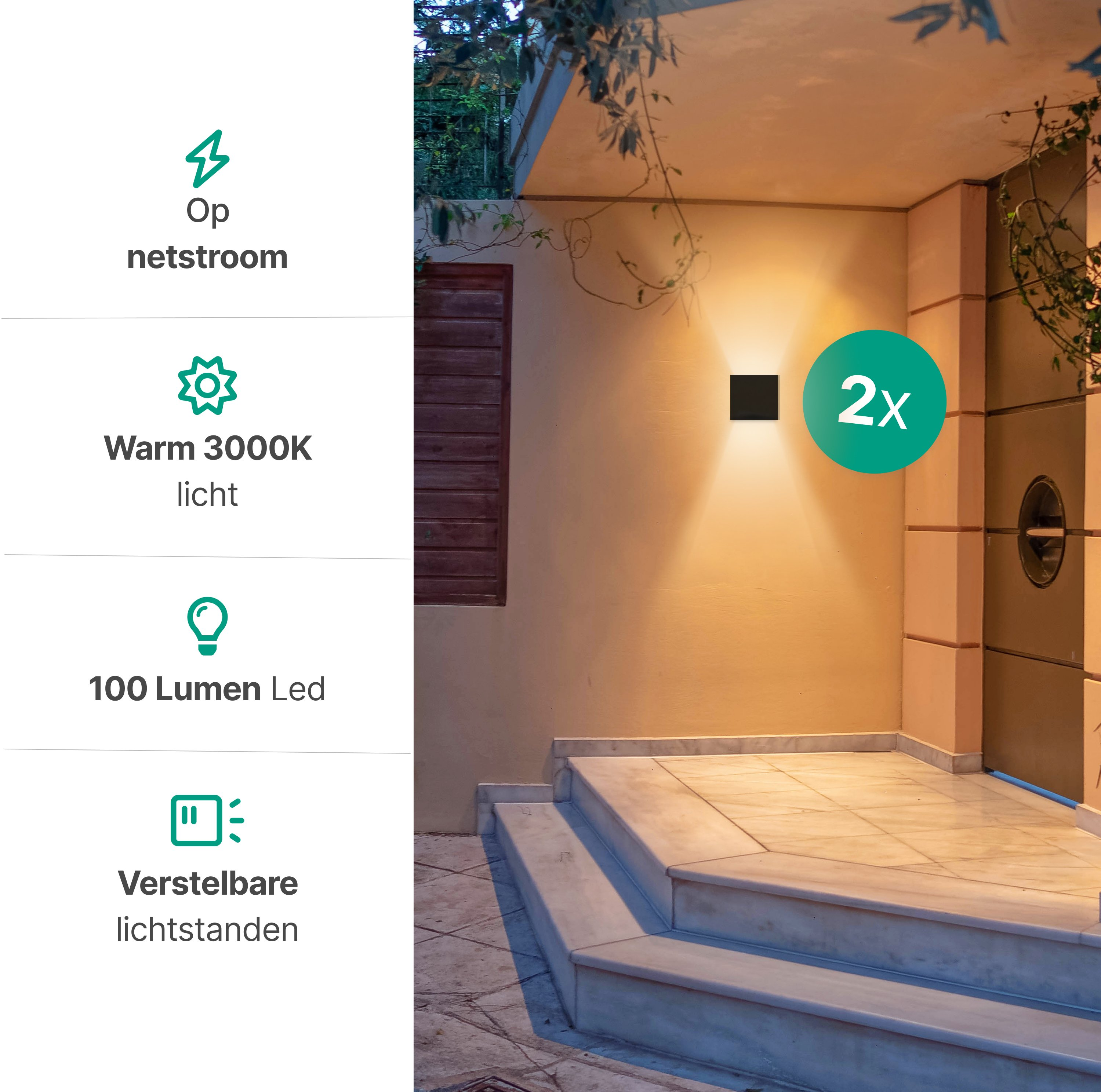 A building's entrance with steps, wall lights, and text descriptions.