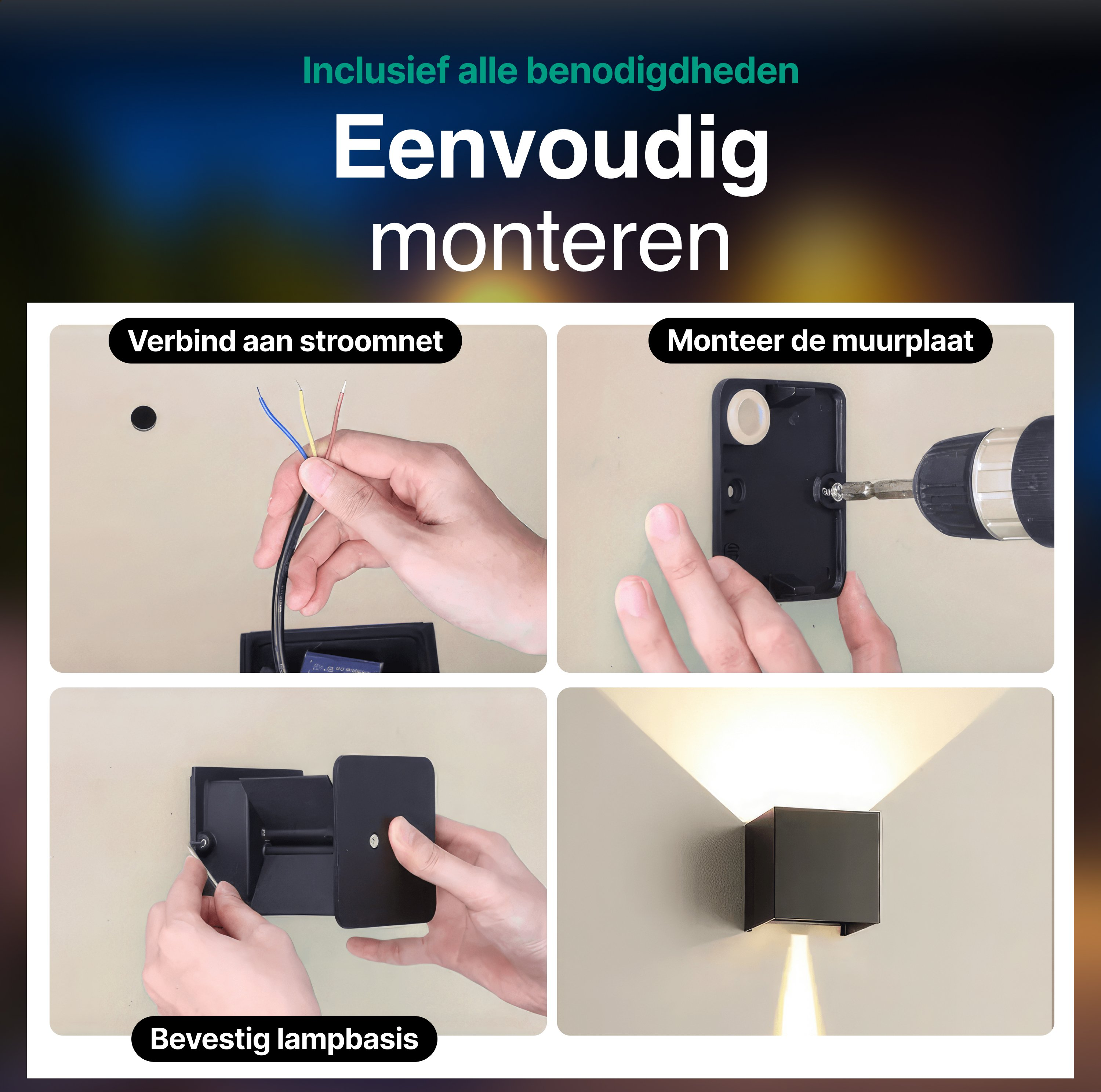Instructies voor het installeren van een lamp. Handen die draden verbinden, de basis monteren en het eindproduct dat licht uitstraalt.