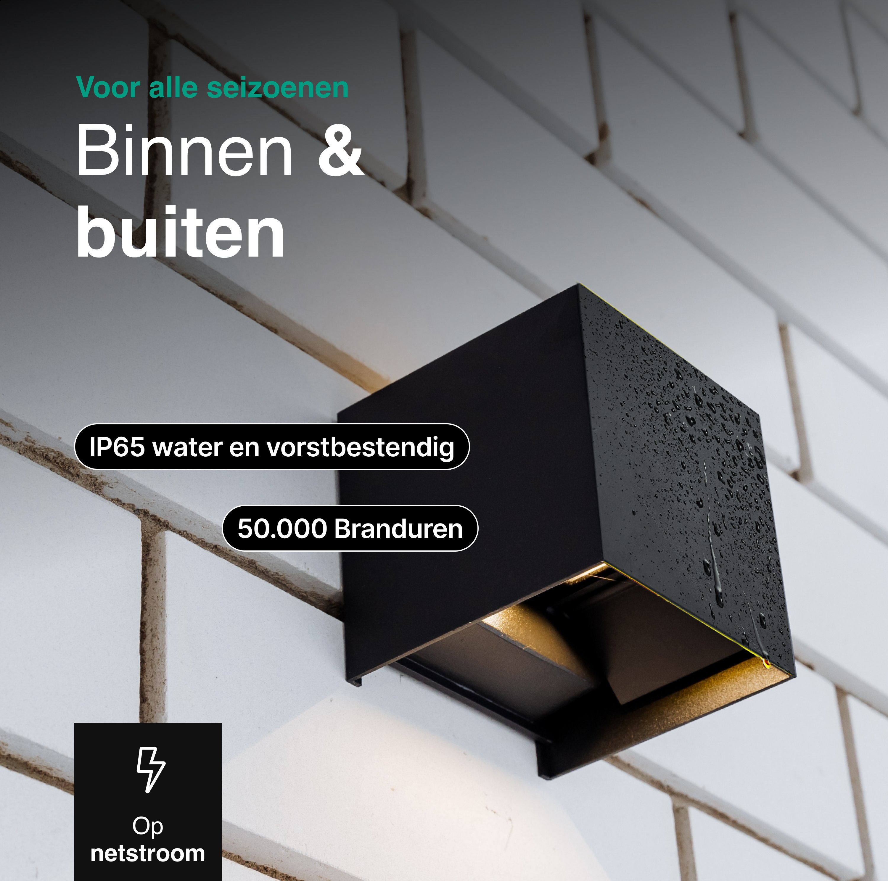 Zwarte buitenlamp op witte bakstenen muur. Tekst: Binnen & buiten, IP65 waterdicht, 50.000 branduren, netstroom.