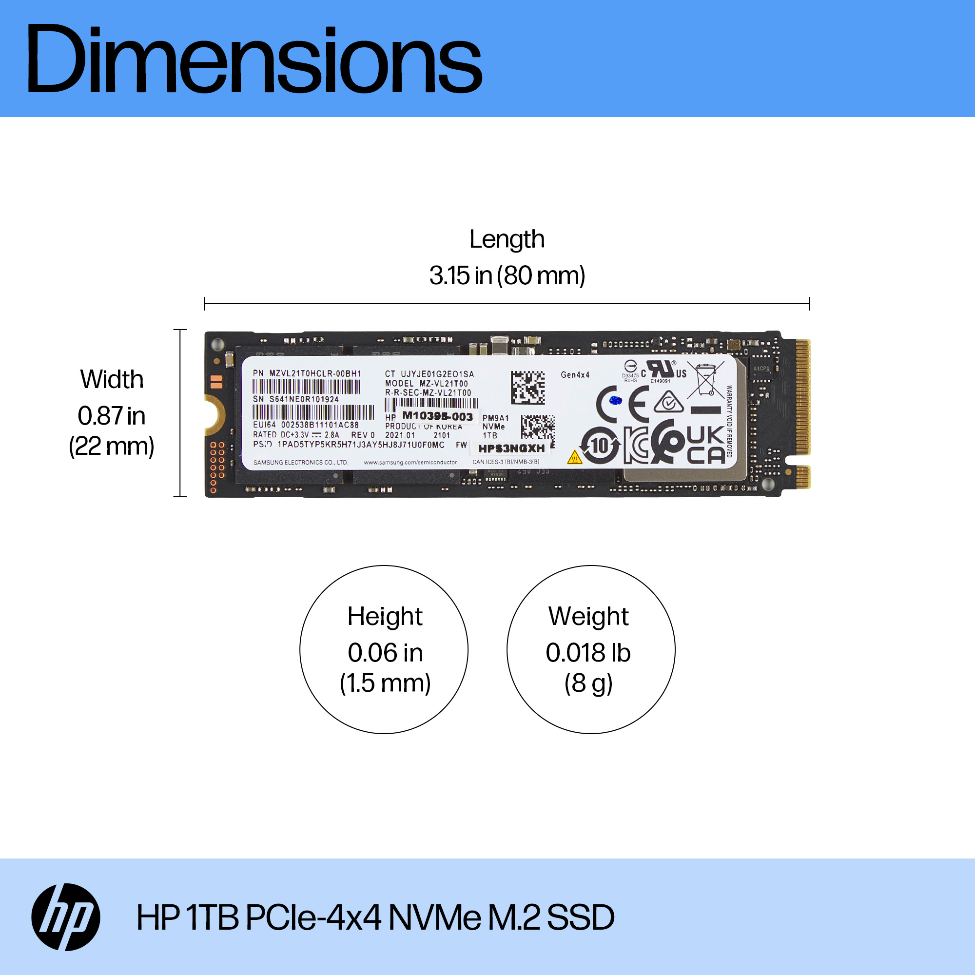 Dysk SSD HP 1TB PCIe-4x4 NVMe M.2, z wymiarami i specyfikacjami, w tym długością, szerokością, wysokością i wagą.