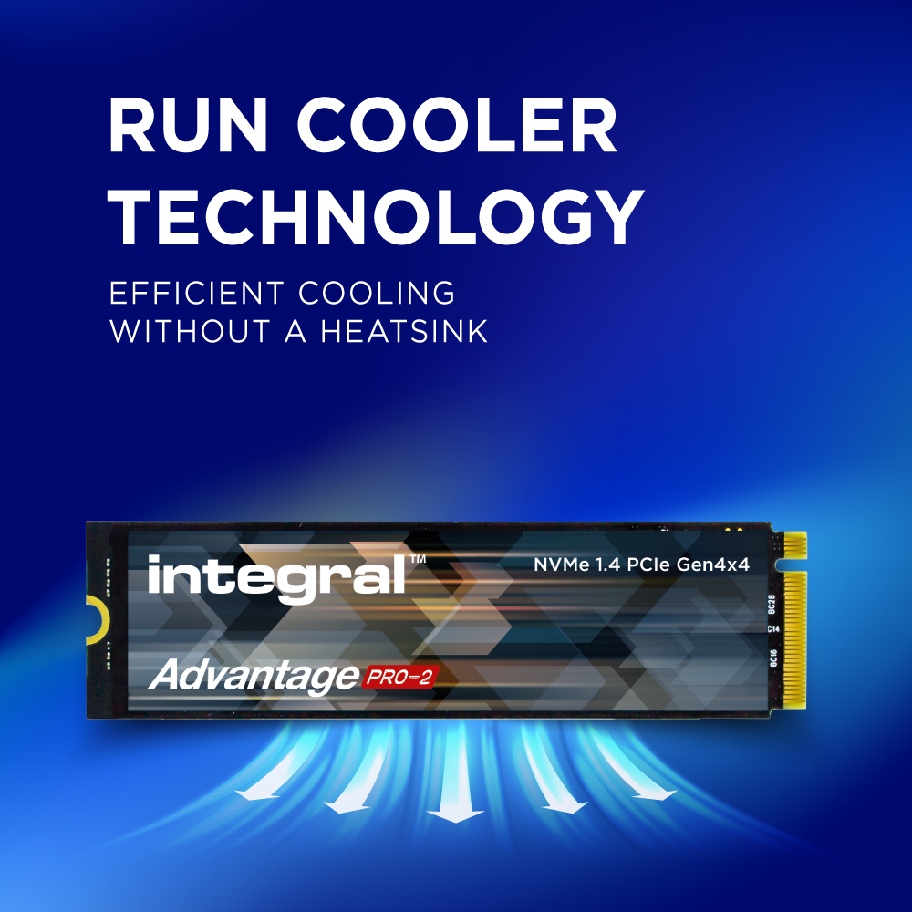 Un SSD NVMe con il logo Integral e il testo 'Advantage PRO-2'. Frecce bianche indicano il raffreddamento. Il testo recita 'Run Cooler Technology'.