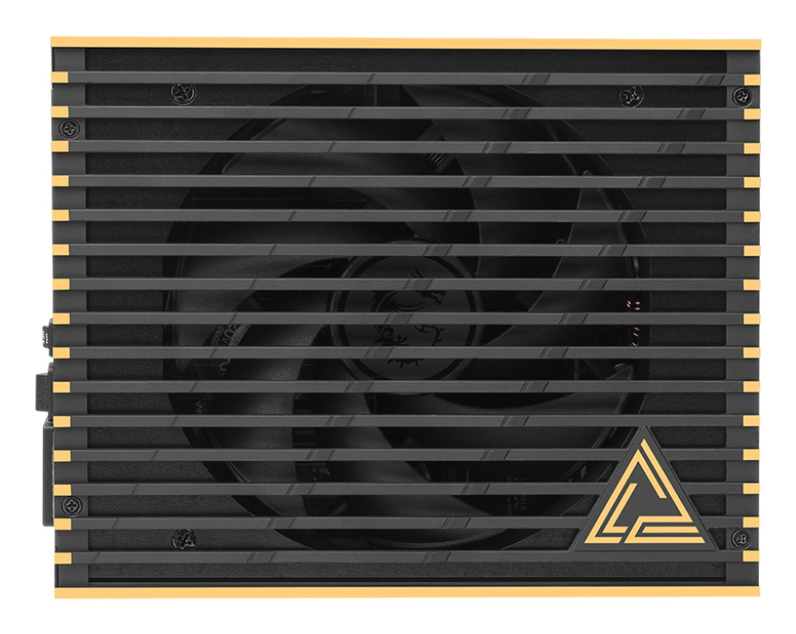 Zbliżenie czarnego i złotego zasilacza komputerowego. Posiada wentylator za kratką i złote logo trójkąta.