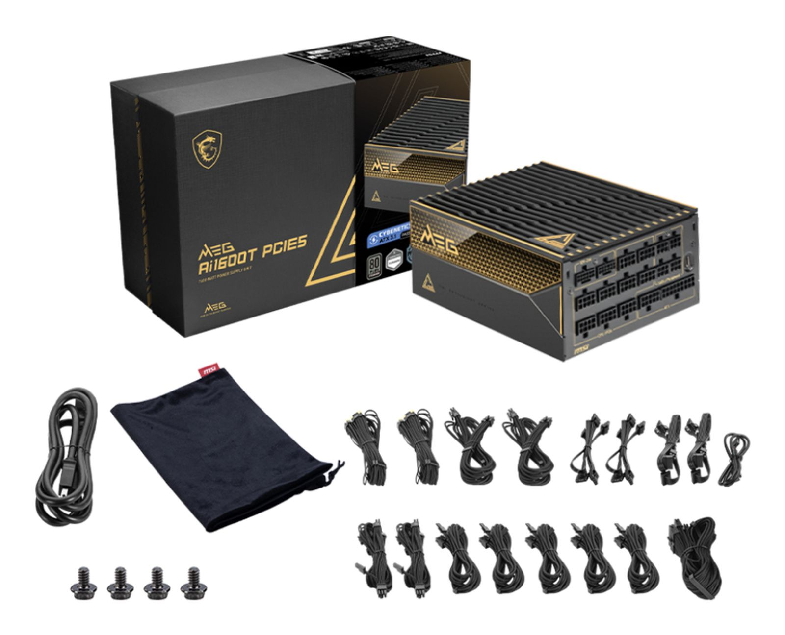 Czarny i złoty zasilacz komputerowy z kablami, pudełkiem i akcesoriami. Na pudełku napis MEG AI1600T PCIEs.