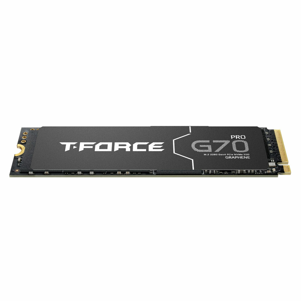 Czarny dysk SSD T-FORCE G70 PRO. Ma srebrne litery i złoty konektor. Tło jest białe.