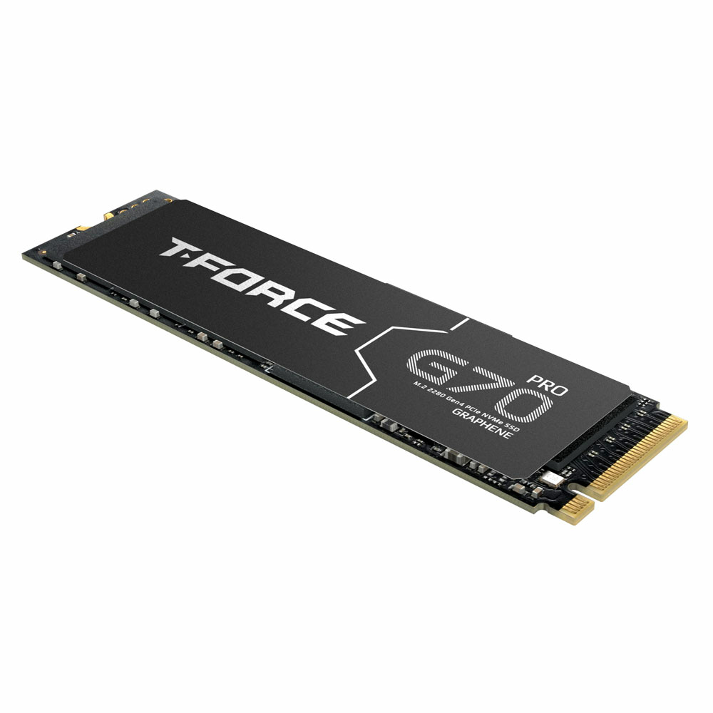 Czarny dysk SSD NVMe T-FORCE G70 Pro. Posiada złote złącza i białe napisy, z nazwą marki i szczegółami modelu.