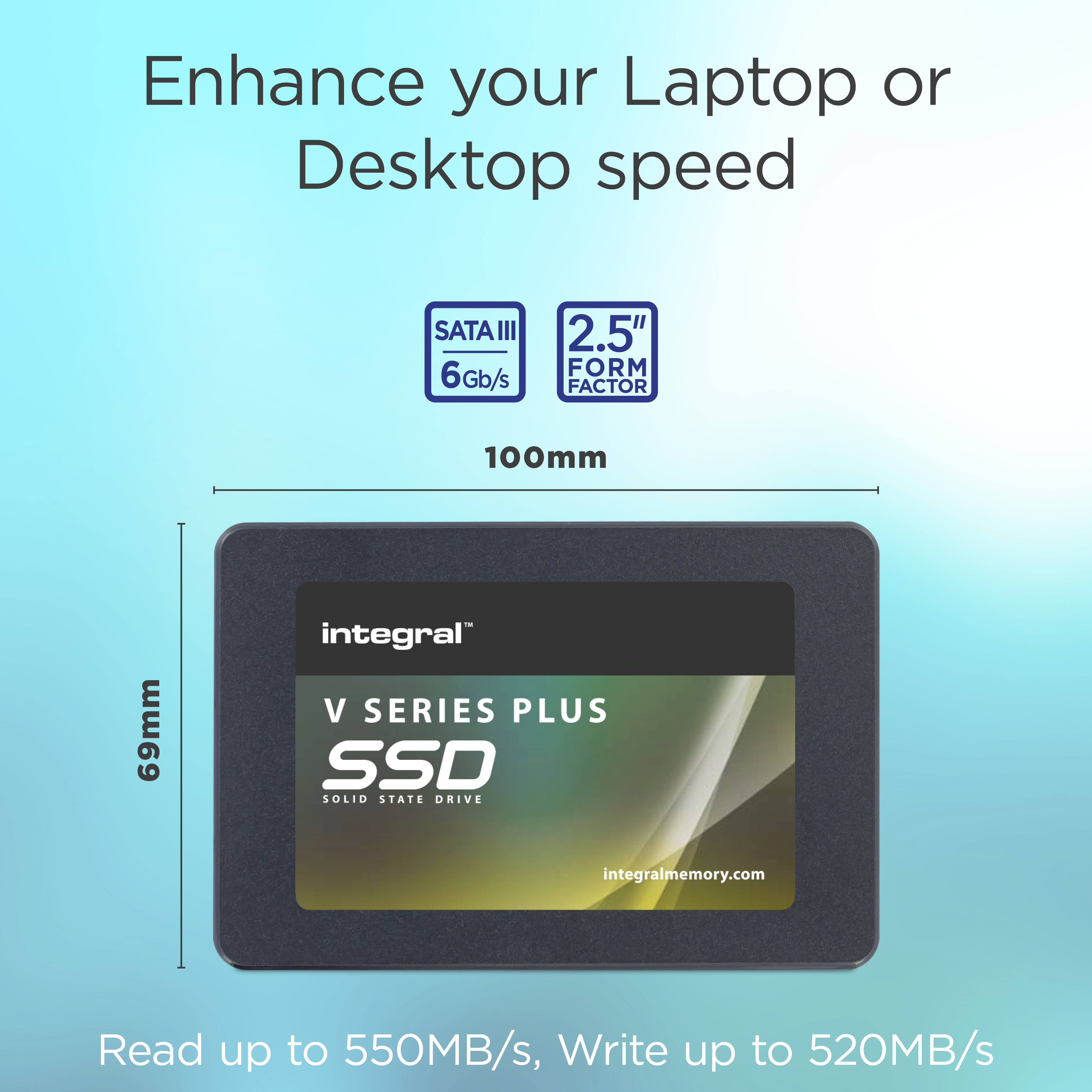 Un SSD con dimensioni e informazioni sulla velocità, con testo sul miglioramento della velocità del laptop o del desktop.