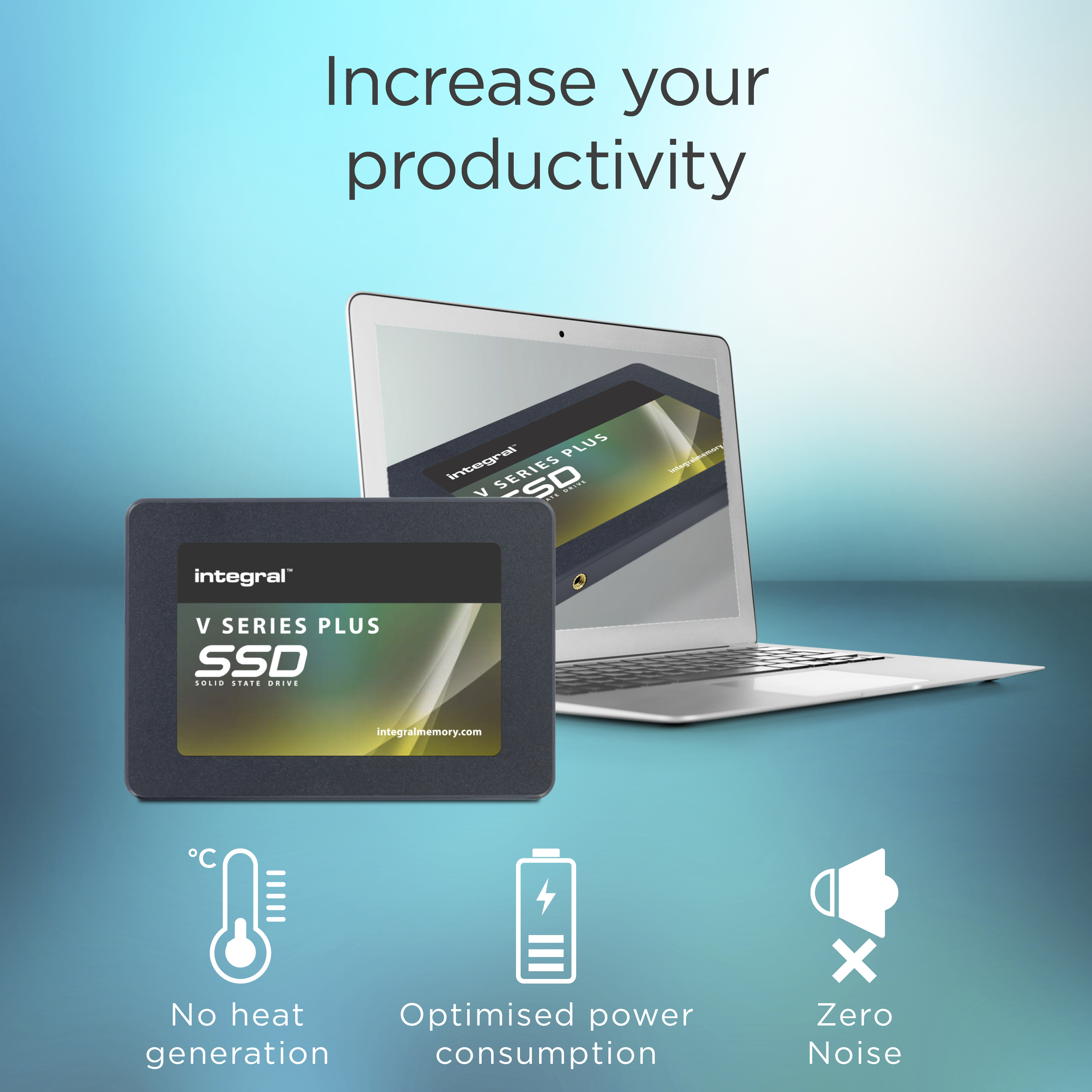 L'immagine mostra SSD e laptop, promuovendo una maggiore produttività. Le caratteristiche includono basso calore, consumo energetico ottimizzato e zero rumore.
