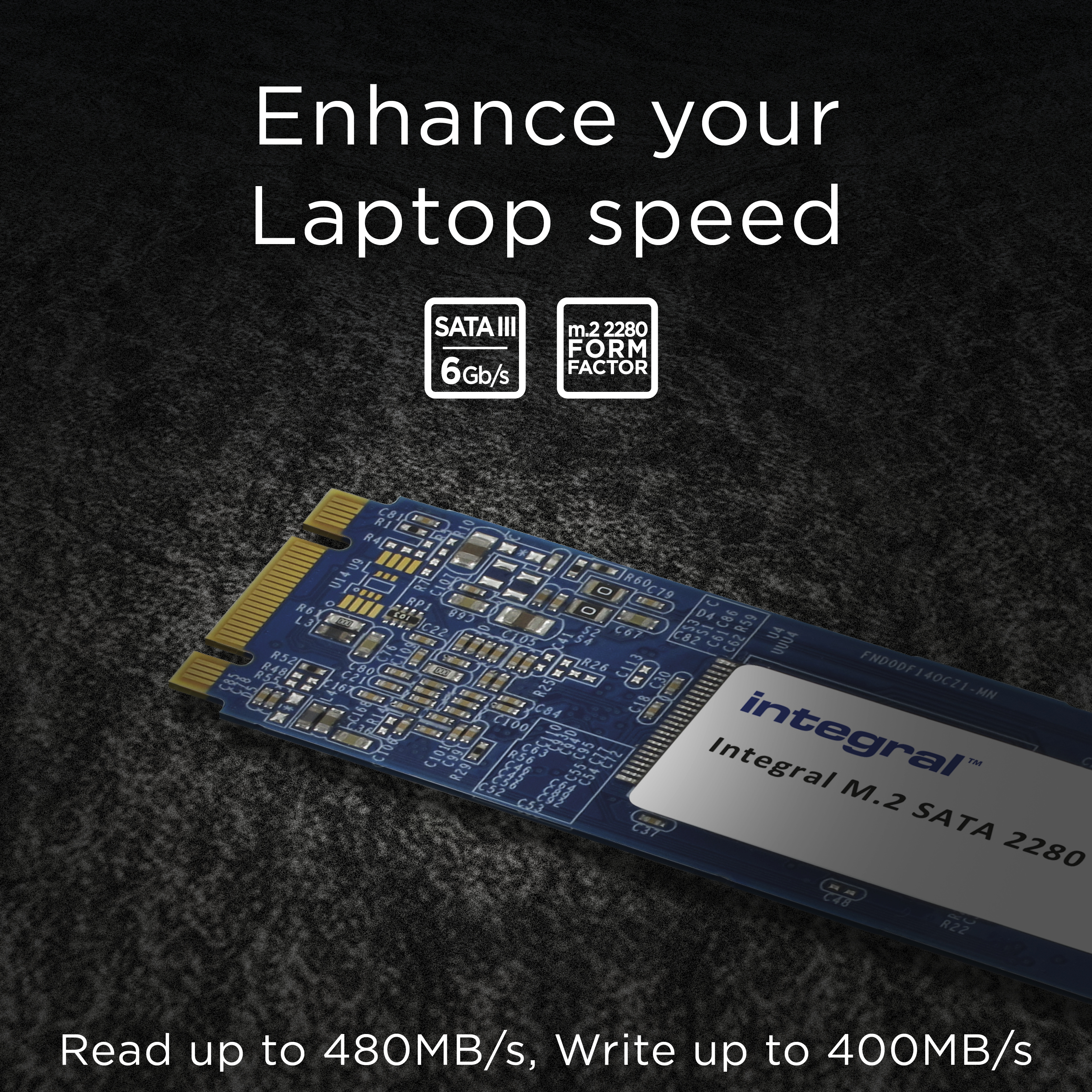 Dysk SSD M.2 SATA 2280 na ciemnym tle. Tekst: 'Zwiększ prędkość swojego laptopa'. Odczyt do 480MB/s, zapis do 400MB/s.