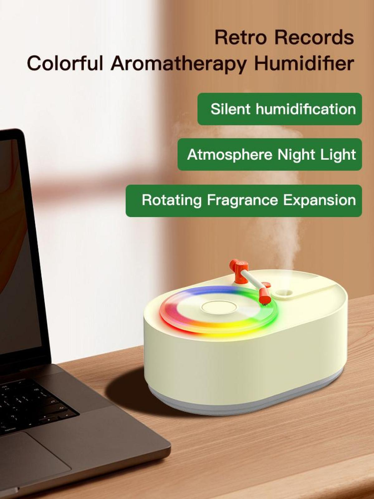 Ein Luftbefeuchter im Retro-Stil mit bunten Lichtern. Enthält einen Laptop. Text: 'Colorful Aromatherapy Humidifier', 'Silent humidification', 'Night Light'.
