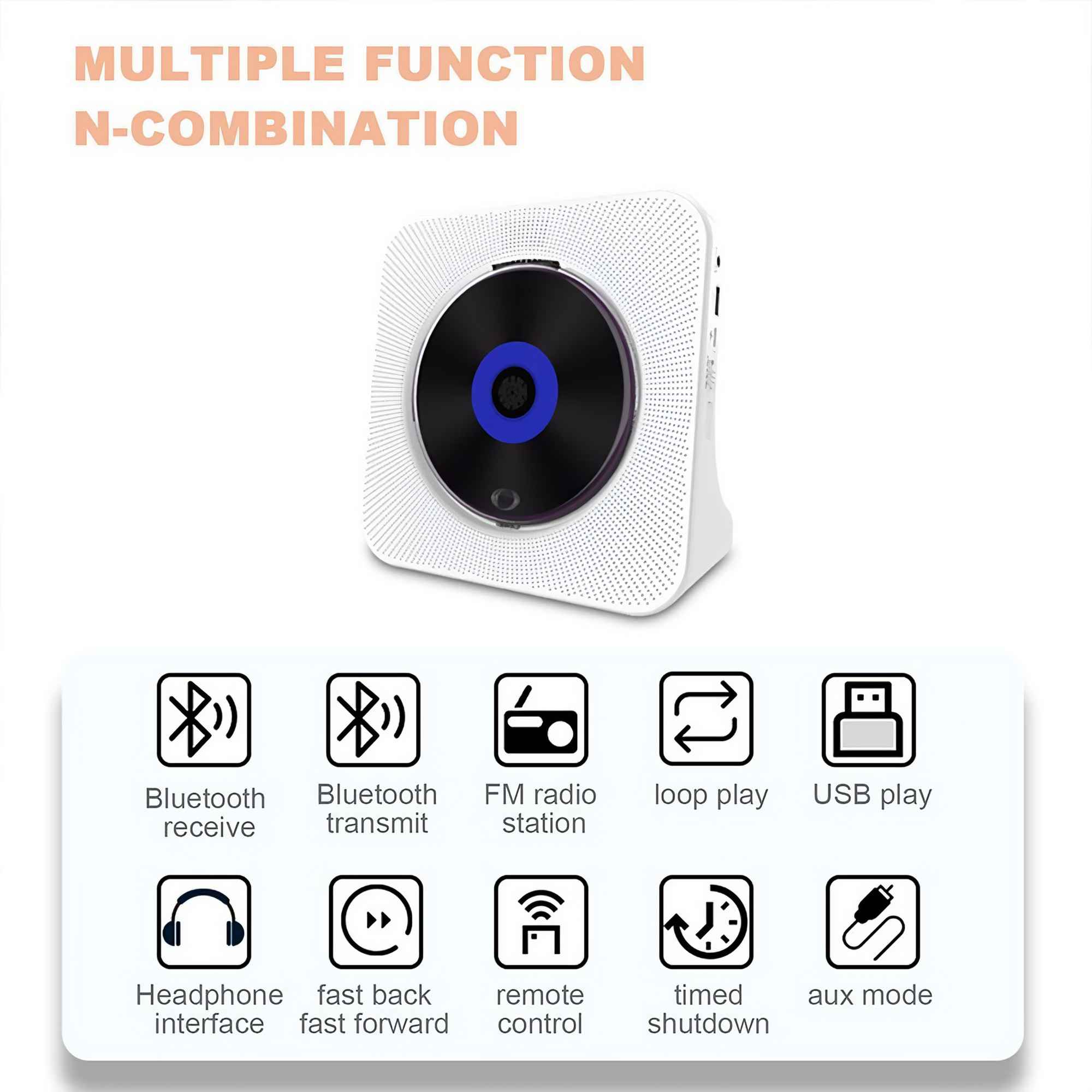Weißer CD-Player mit mehreren Funktionen. Enthält Bluetooth, UKW-Radio, USB, Kopfhöreranschluss, Fernbedienung und mehr.