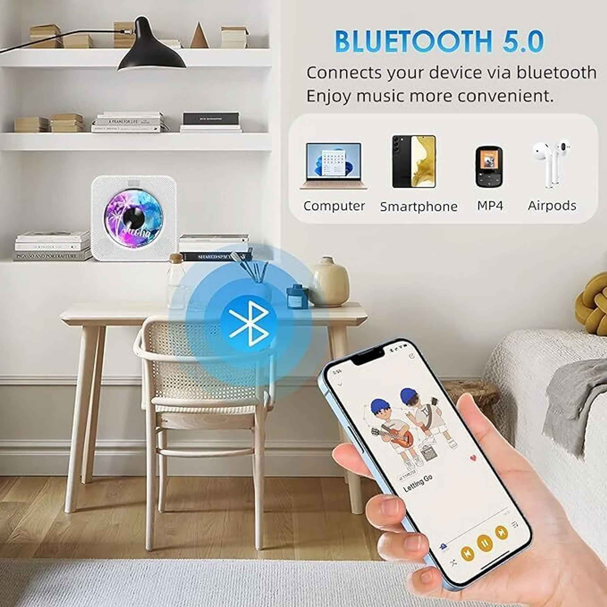 Eine Person hält ein Telefon mit einer Musik-App. Bluetooth-Symbol in der Mitte. Andere Geräte rechts.