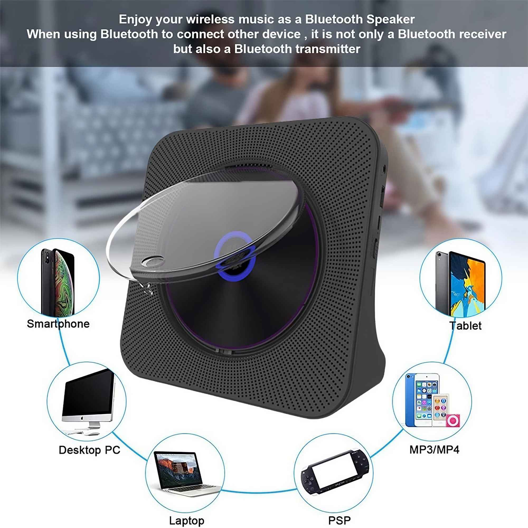 Schwarzer Bluetooth-Lautsprecher mit CD-Player, umgeben von Bildern von Smartphones, Tablets, Laptops und MP3-Playern.