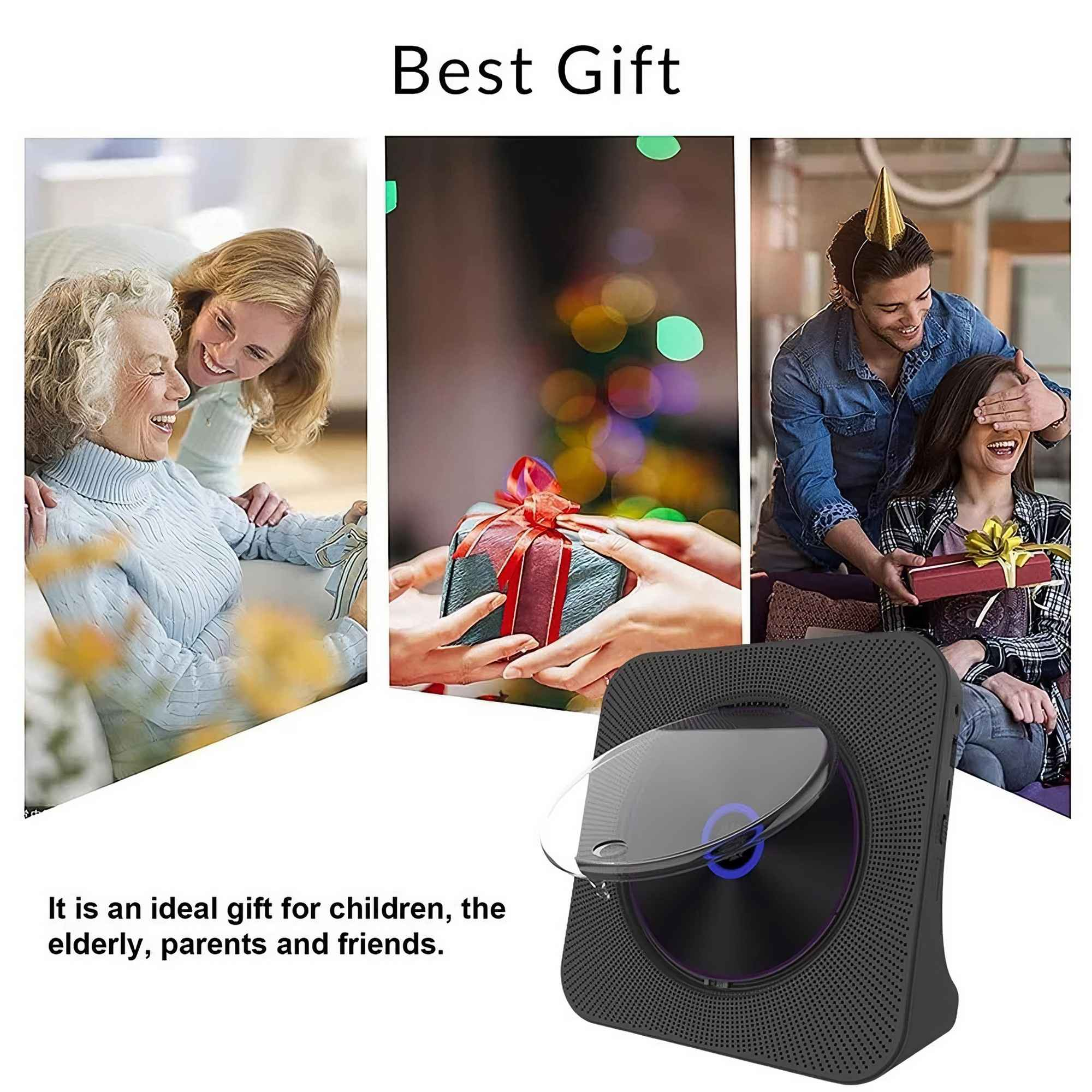 Das Bild zeigt einen CD-Player mit drei Fotos von Personen, die Geschenke machen. Der Text besagt, dass es das ideale Geschenk für Kinder, ältere Menschen, Eltern und Freunde ist.