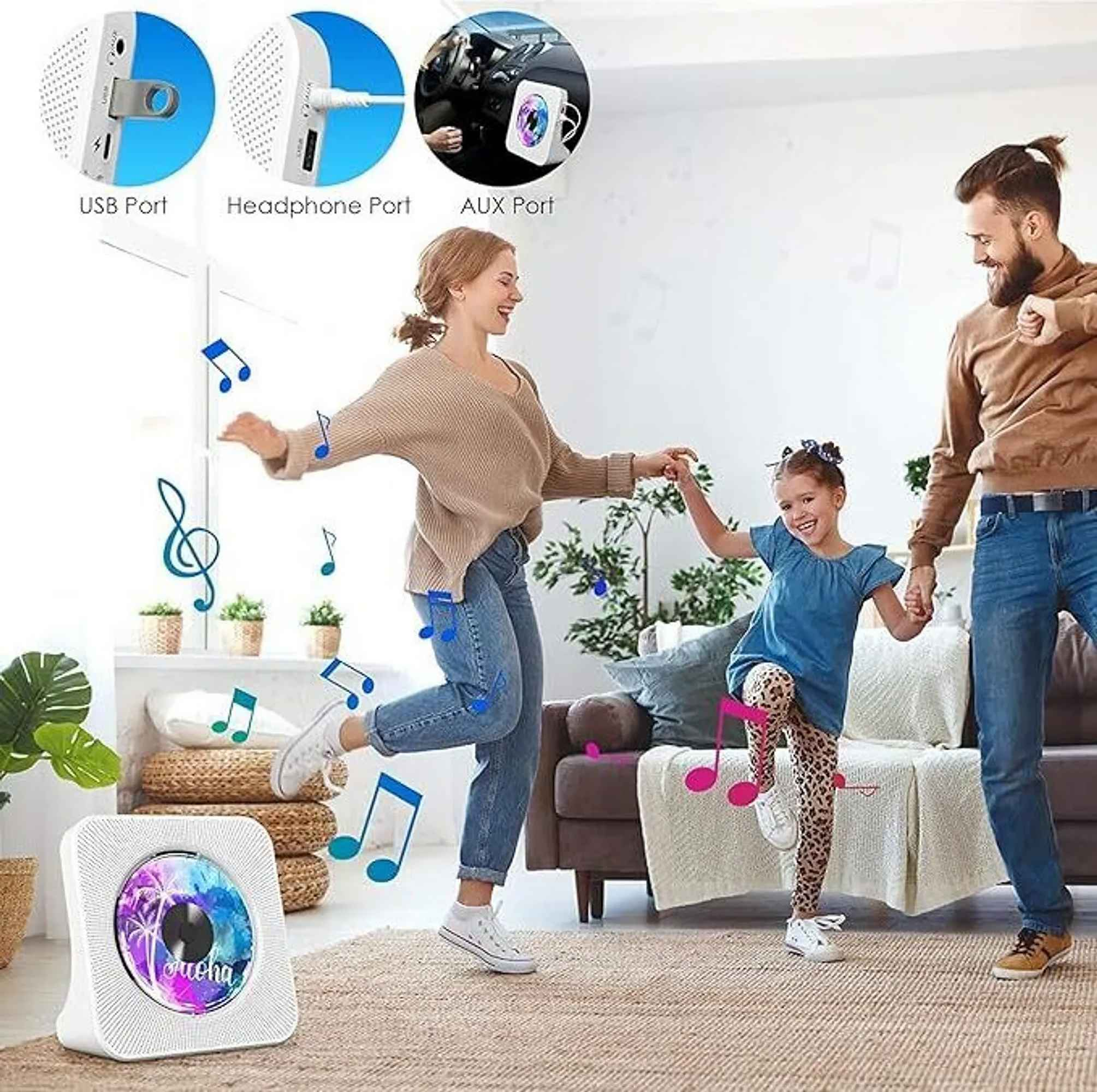 Familie tanzt mit einem Musikplayer. Frau, Mädchen und Mann tanzen zusammen. Noten schweben herum. Der Player hat AUX-, USB- und Kopfhöreranschlüsse.