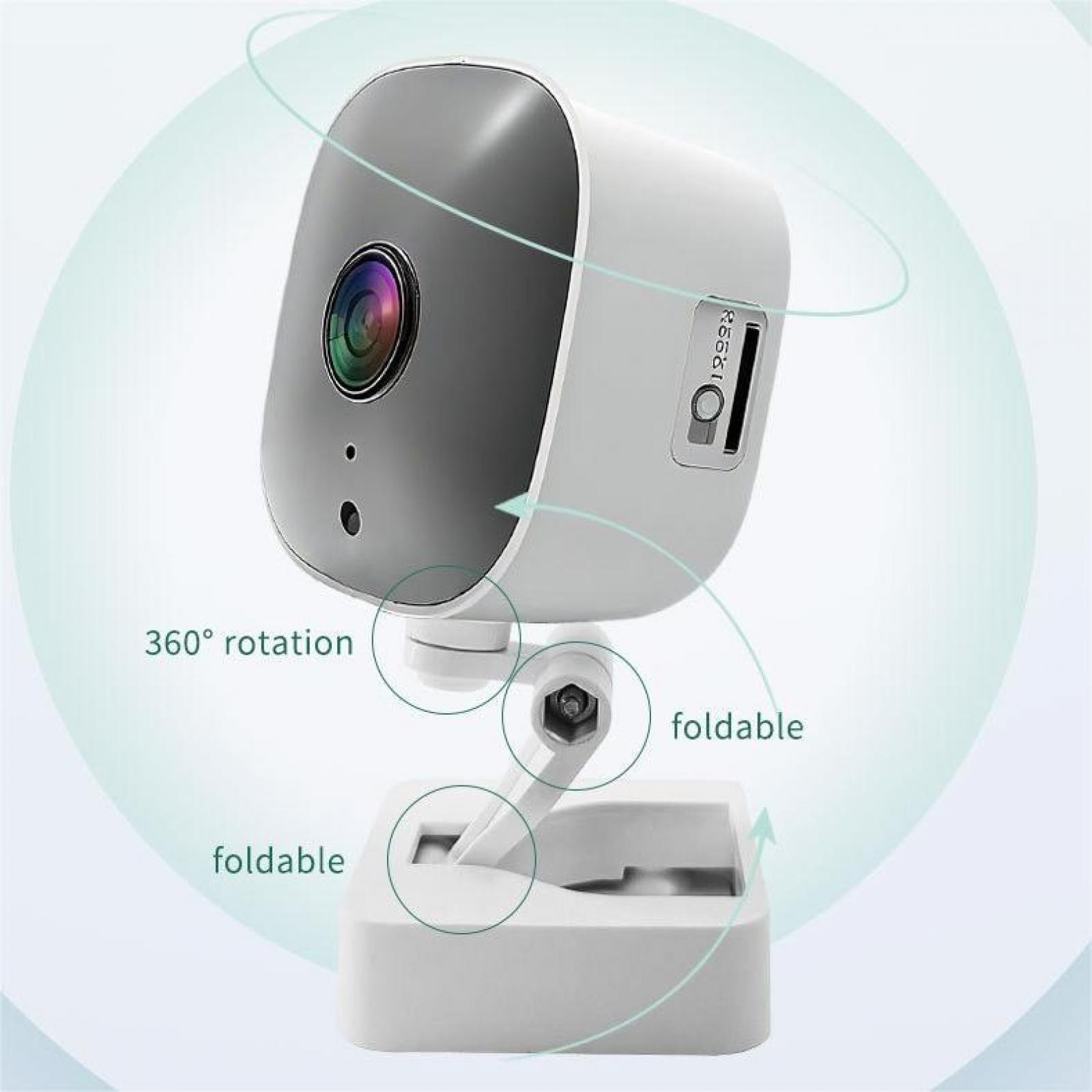 Eine weiße und graue Überwachungskamera mit farbenfroher Linse, 'Reset' markiert und faltbarem Ständer. Pfeile zeigen 360° Drehung an.