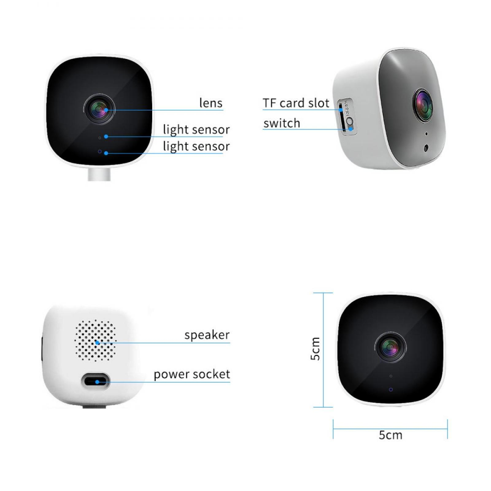 Diagramm einer weißen Überwachungskamera mit beschrifteten Teilen: Linse, Lichtsensor, TF-Kartensteckplatz, Schalter, Lautsprecher und Steckdose.