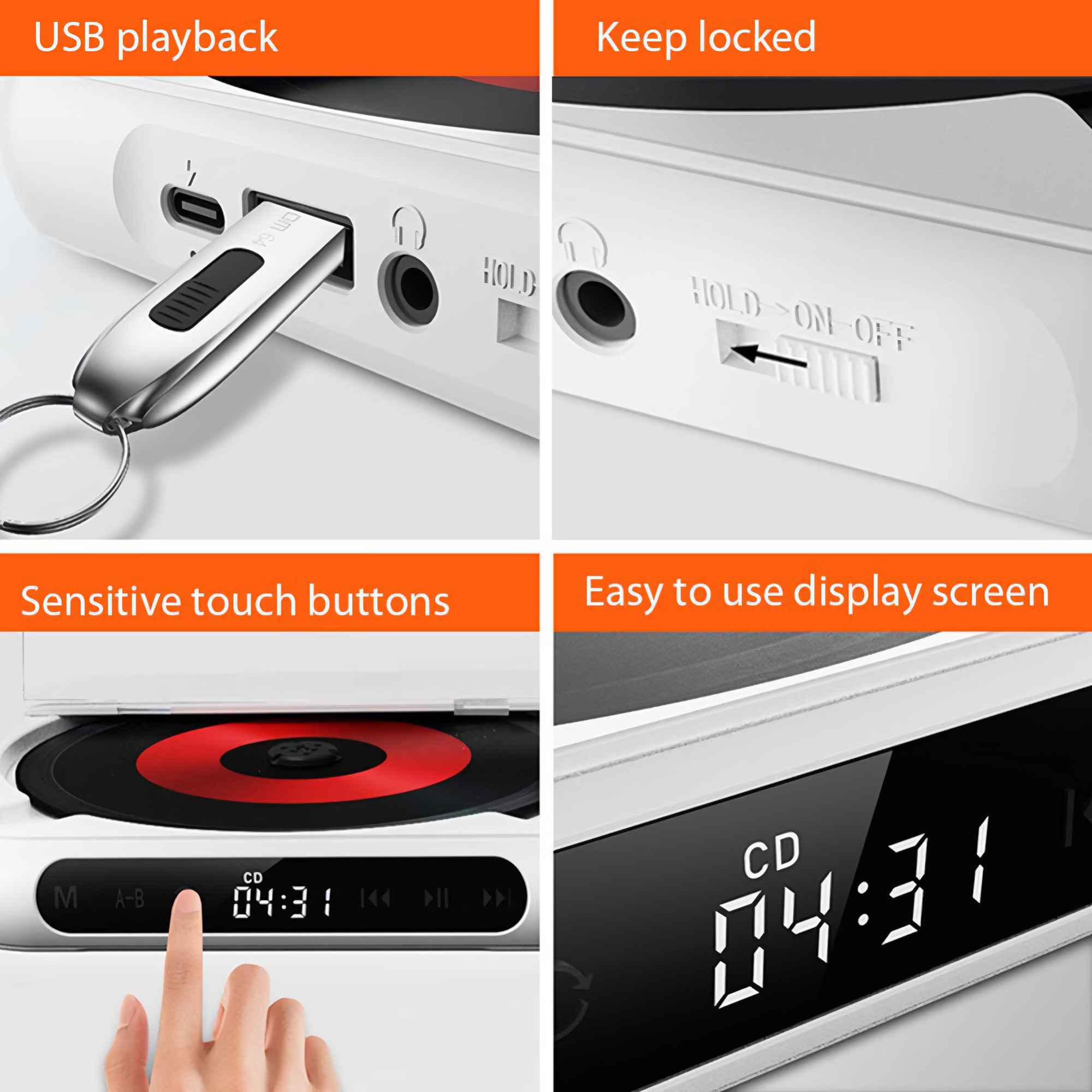Ein weißer CD-Player mit USB-Anschluss, Verriegelungsschalter, empfindlichen Touch-Tasten und Digitalanzeige '04:31'.