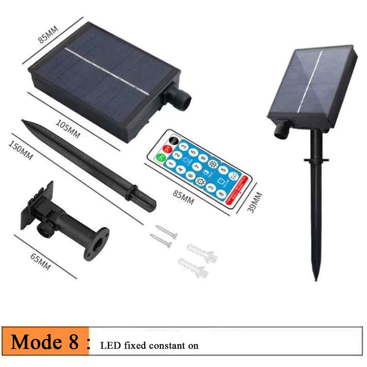 Das Bild zeigt Solarpaneelteile mit Abmessungen, eine Fernbedienung und einen Satz: Modus 8: LED dauerhaft an.