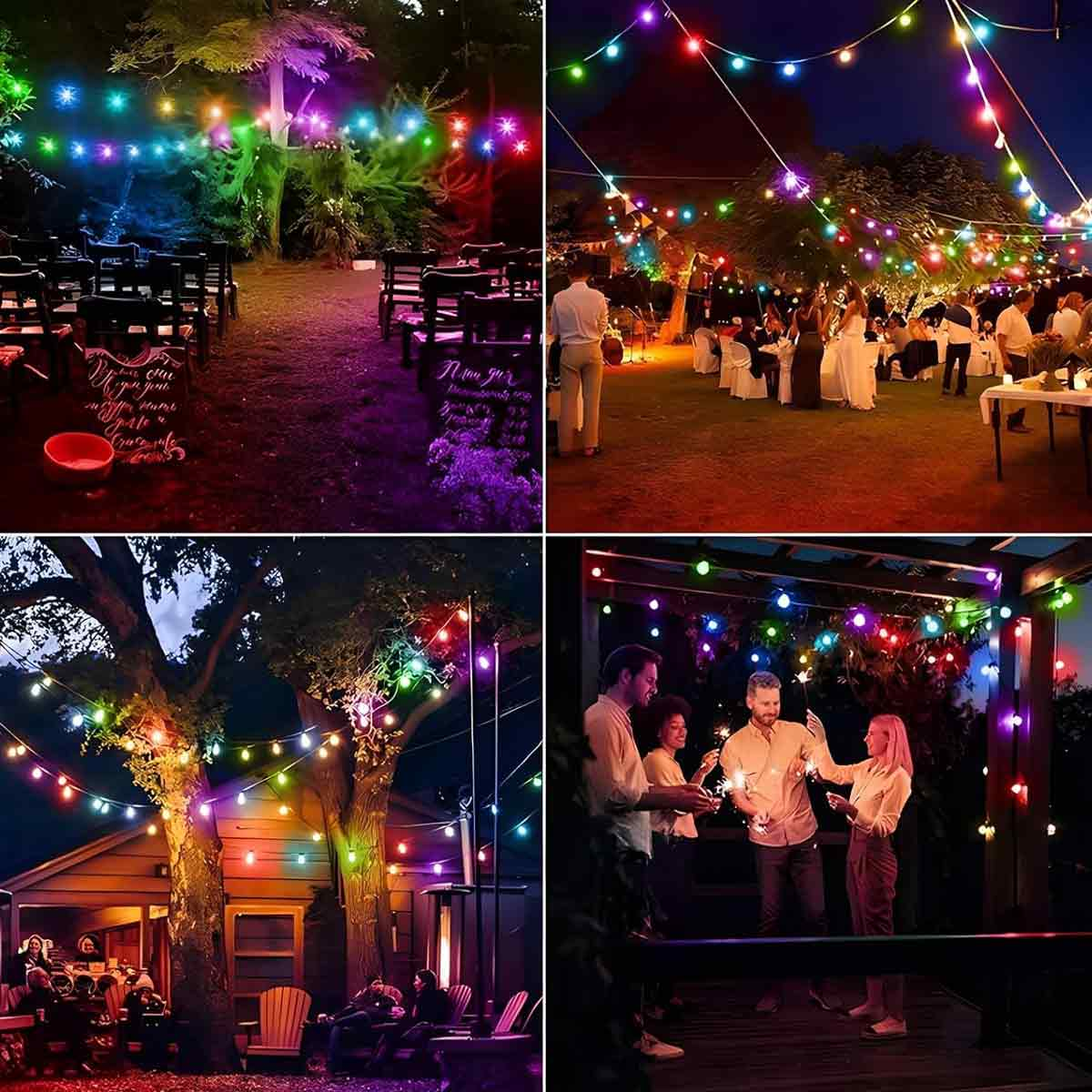Vier Szenen mit bunten Lichterketten. Menschen versammeln sich auf Outdoor-Partys und -Veranstaltungen. Bäume und Gebäude im Hintergrund.