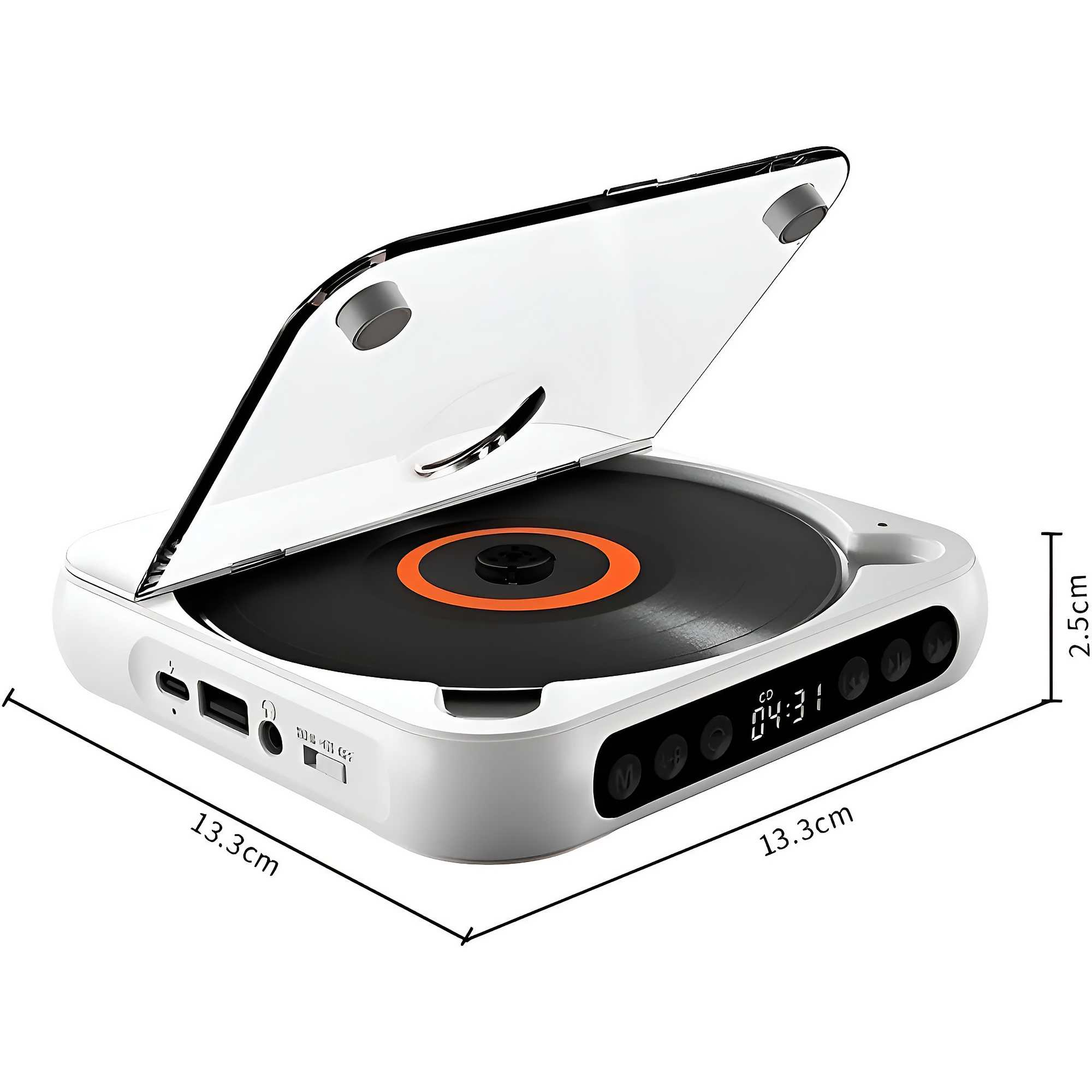 Weißer tragbarer CD-Player mit offenem Deckel. CD sichtbar. Abmessungen: 13,3 cm x 13,3 cm x 2,5 cm. Anzeige zeigt 04:31.