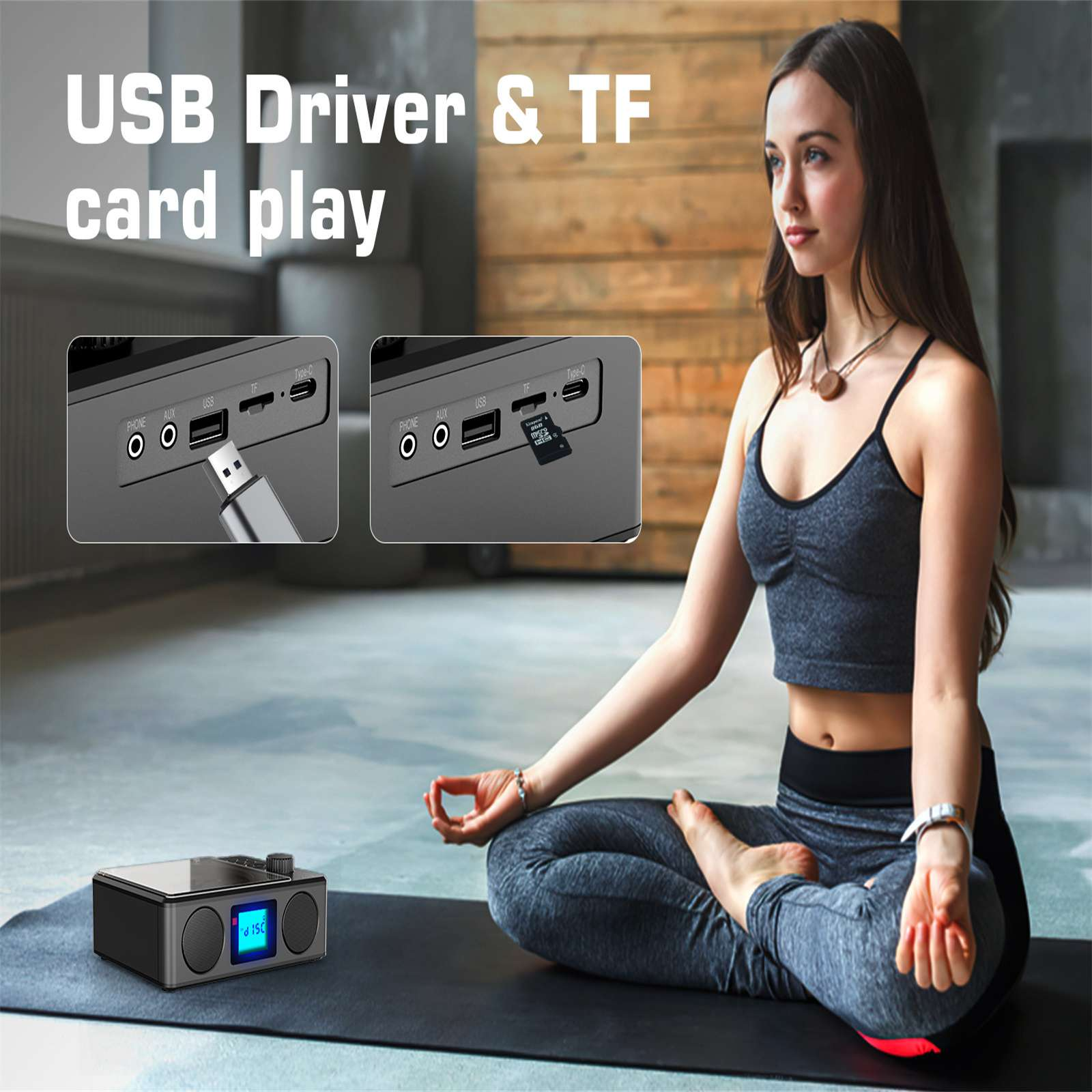 Eine Frau in Yoga-Pose, mit einem Lautsprecher und USB/TF-Kartensteckplätzen. Text: USB-Treiber & TF-Karten-Wiedergabe.