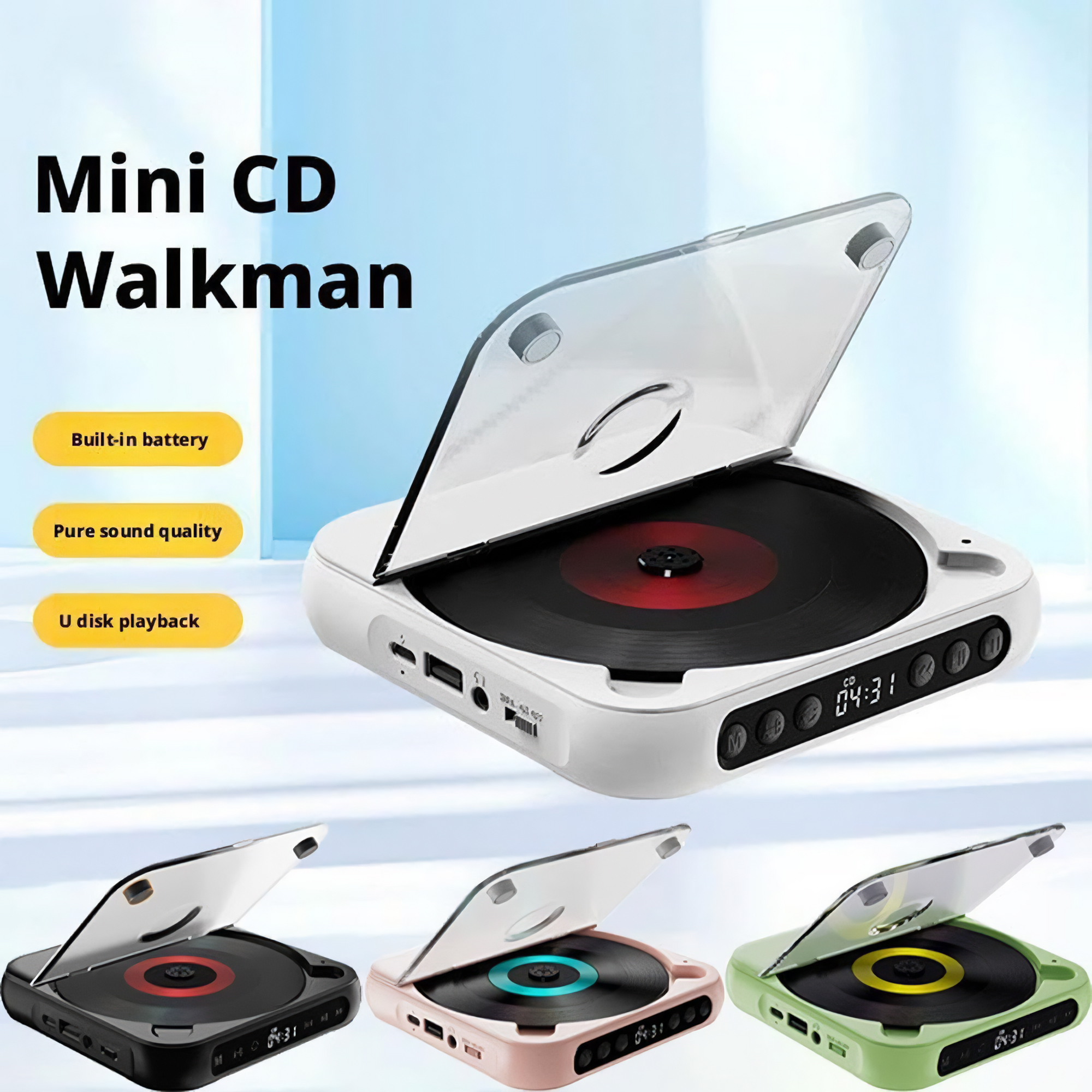 Ein weißer Mini-CD-Walkman mit offenem Deckel, der eine CD zeigt. Weitere Farben sind unten abgebildet.