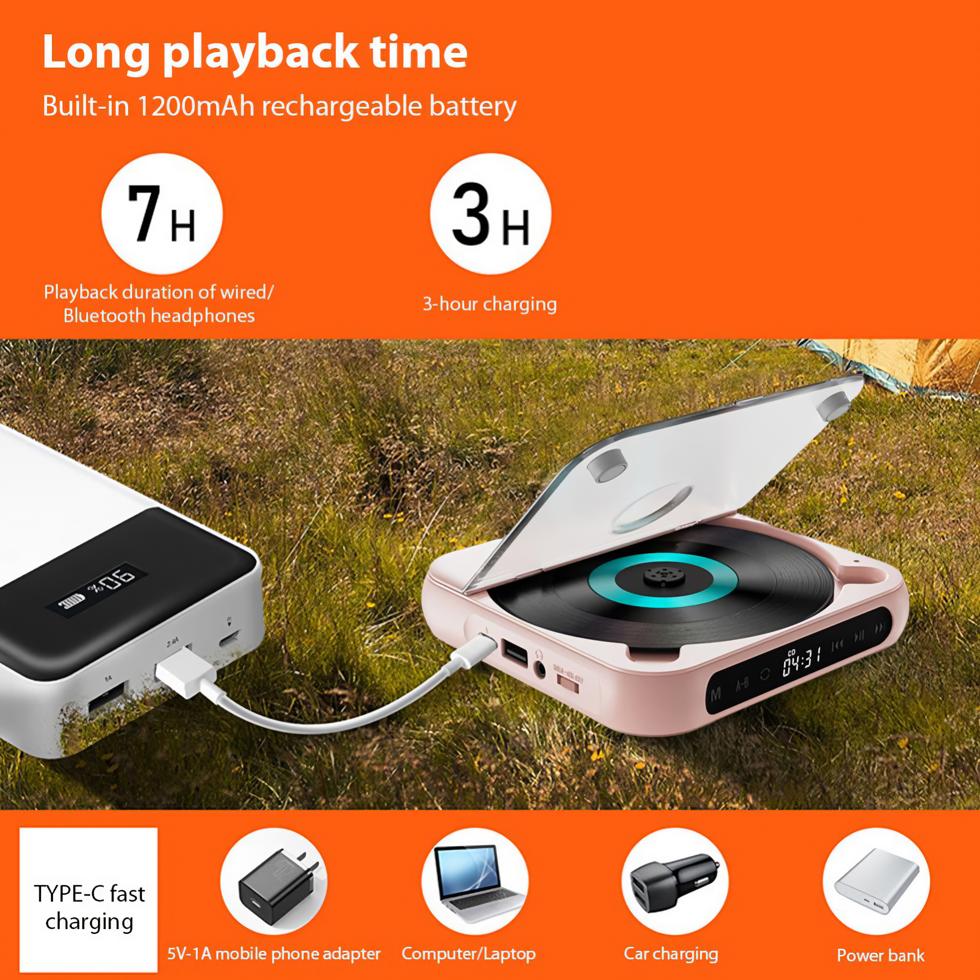 Das Bild zeigt einen tragbaren CD-Player, der an eine Powerbank angeschlossen ist, mit Details zu Wiedergabe- und Ladezeiten.
