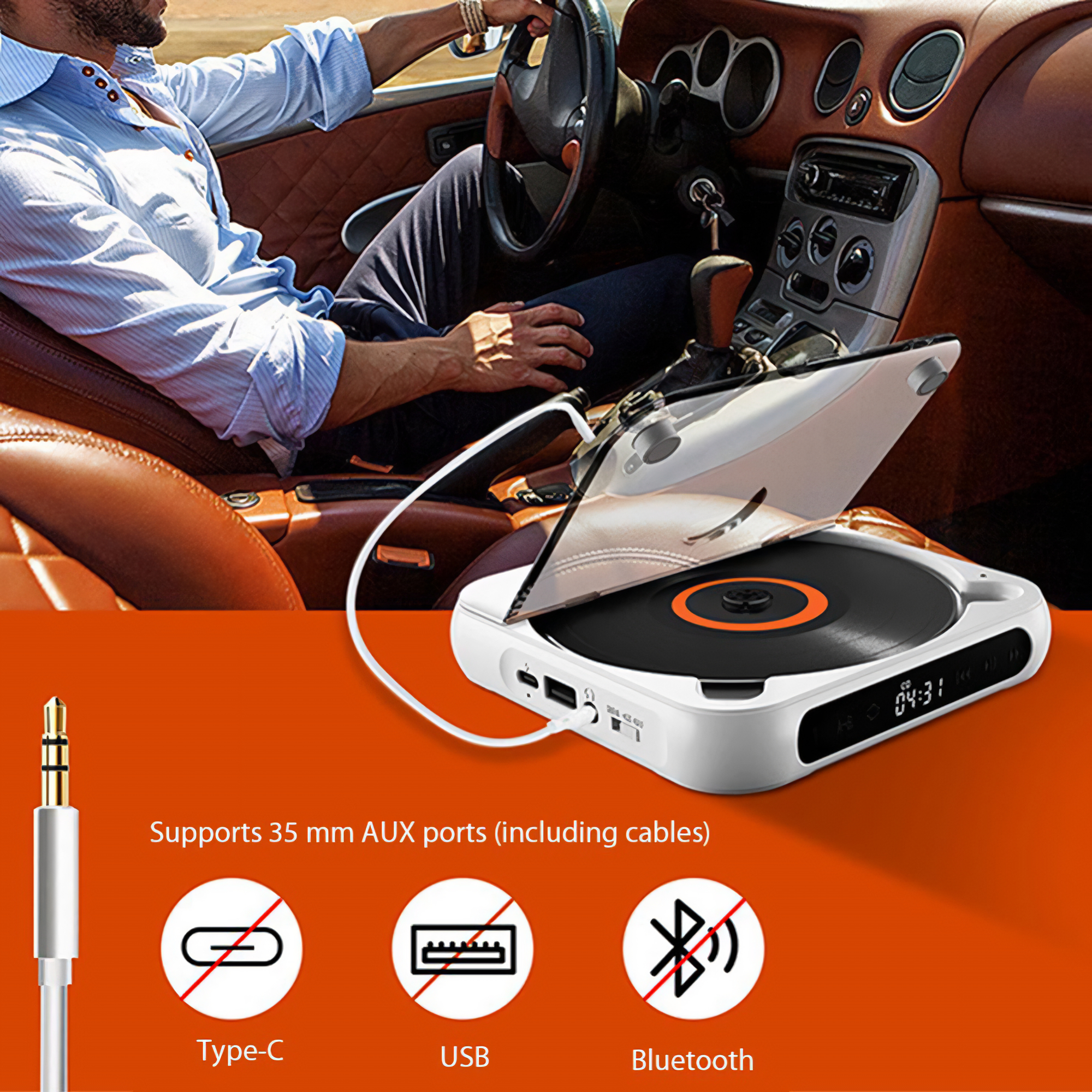 Ein Mann fährt Auto, ein weißer tragbarer CD-Player ist mit einem Kabel verbunden, und orangefarbene und weiße Symbole werden angezeigt.