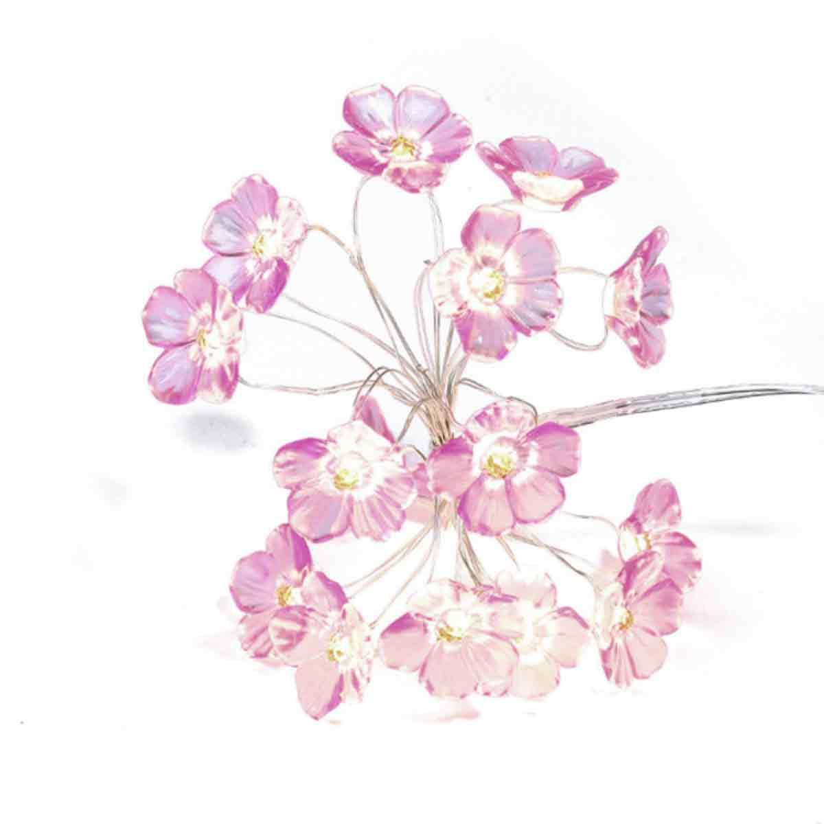 Ein Cluster aus rosa und weißen Blumenlichtern auf dünnen silbernen Drähten vor weißem Hintergrund. Blumen haben ein sanftes Leuchten.