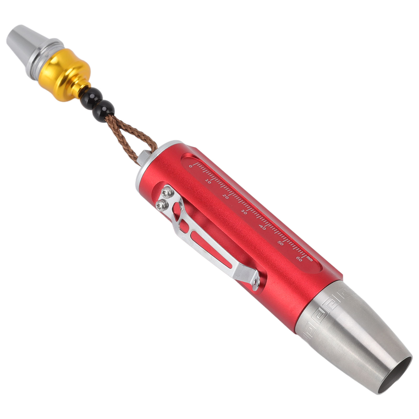 Ein rotes Metallwerkzeug mit silberner Spitze und Clip. Es hat eine Skala an der Seite und ist an einer Perlenschnur befestigt.
