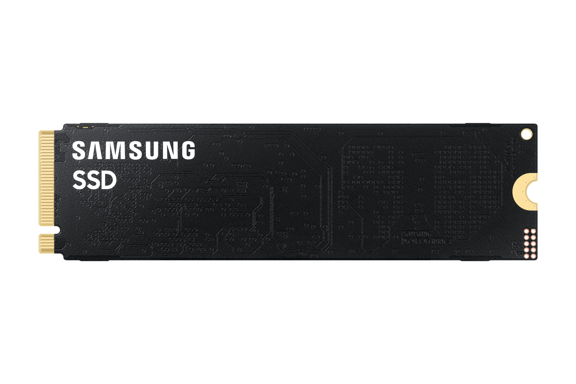 Dysk SSD Samsung na białym tle. Czarna płytka drukowana ma logo Samsung i SSD w białym tekście.