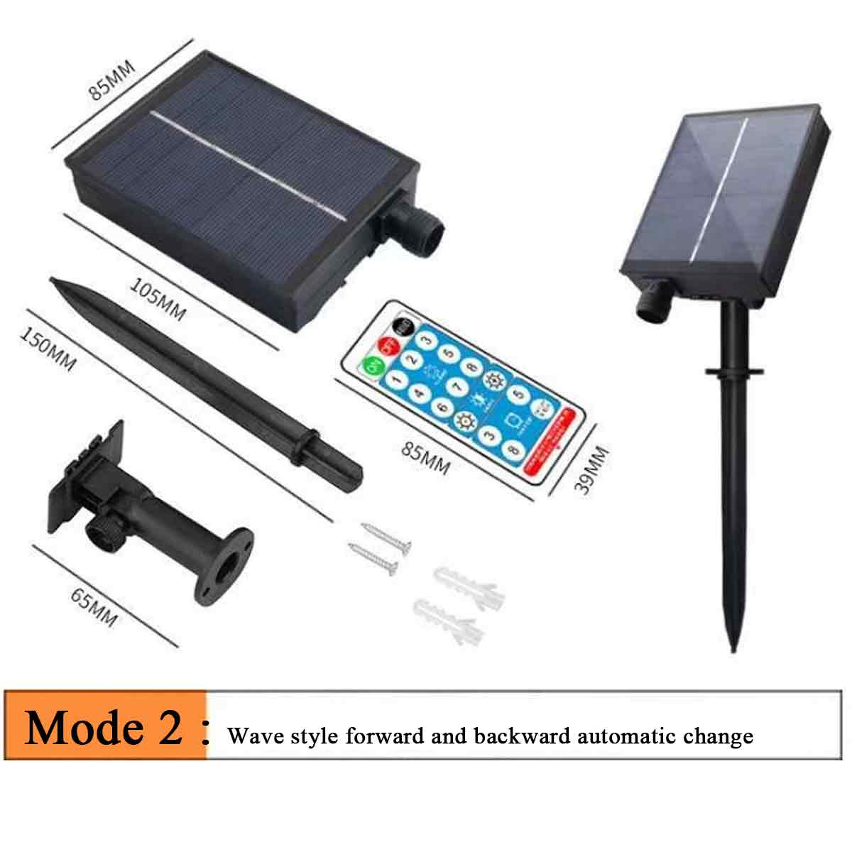 Komponenten des Solarpanels mit Abmessungen, Fernbedienung, Montageteilen und Text 'Modus 2: Wellenstil vorwärts und rückwärts automatisch ändern'.