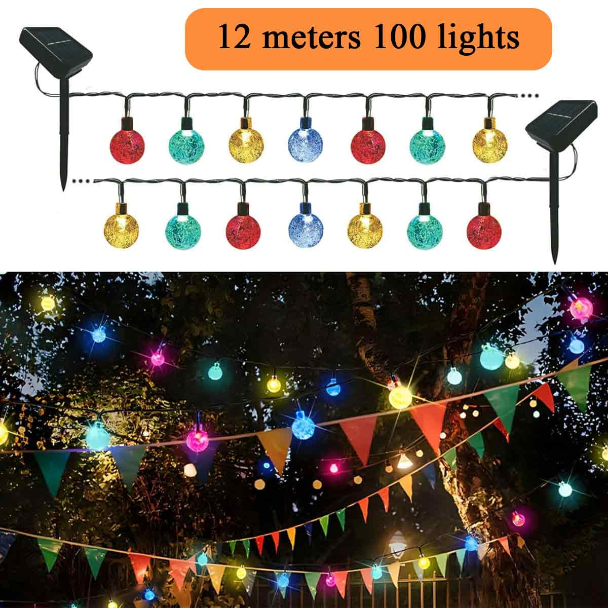 Solar-Lichterkette mit bunten Glühbirnen. Oben ist eine Lichterkette zu sehen, unten Lichter in einem Garten mit Flaggen.