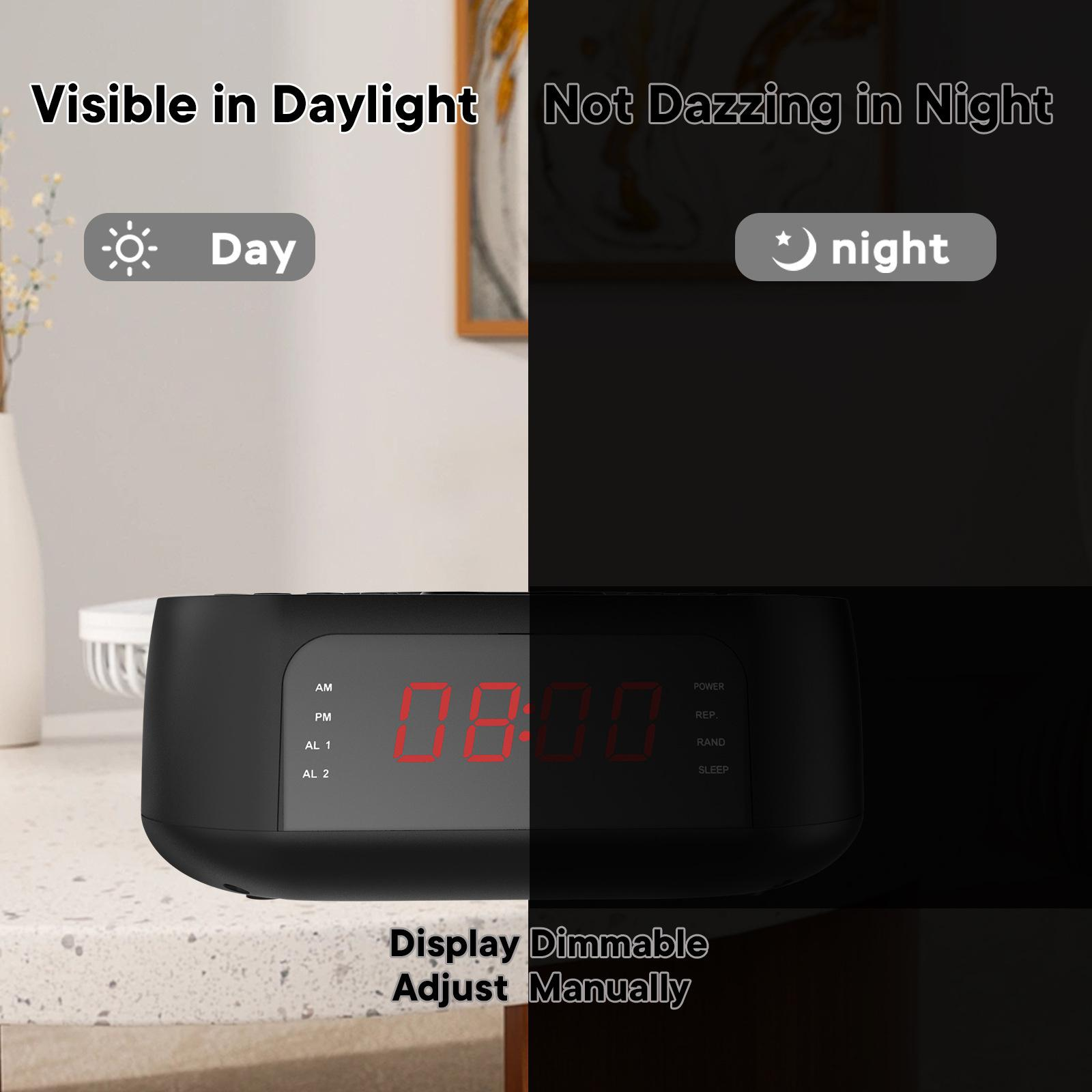 Eine schwarze Digitaluhr zeigt 08:00 Uhr an. Sie ist für Tag und Nacht konzipiert, mit einstellbarer Helligkeit.
