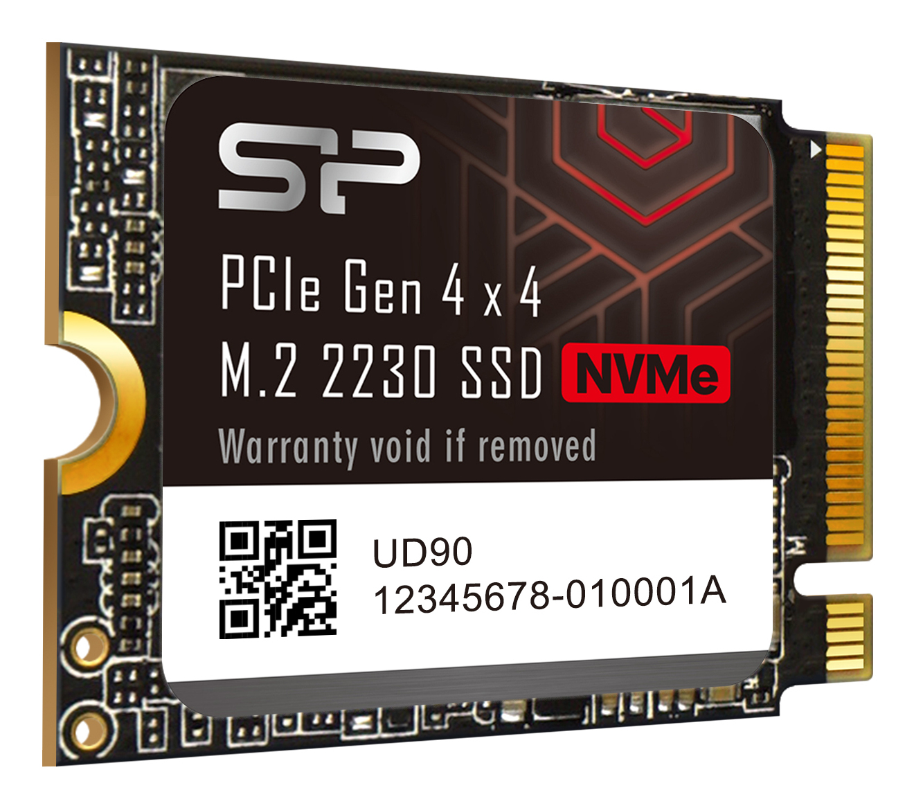 Karta SSD z logo 'SP', PCIe Gen 4, M.2 2230, NVMe oraz szczegółami produktu. Ma czarno-złotą kolorystykę.
