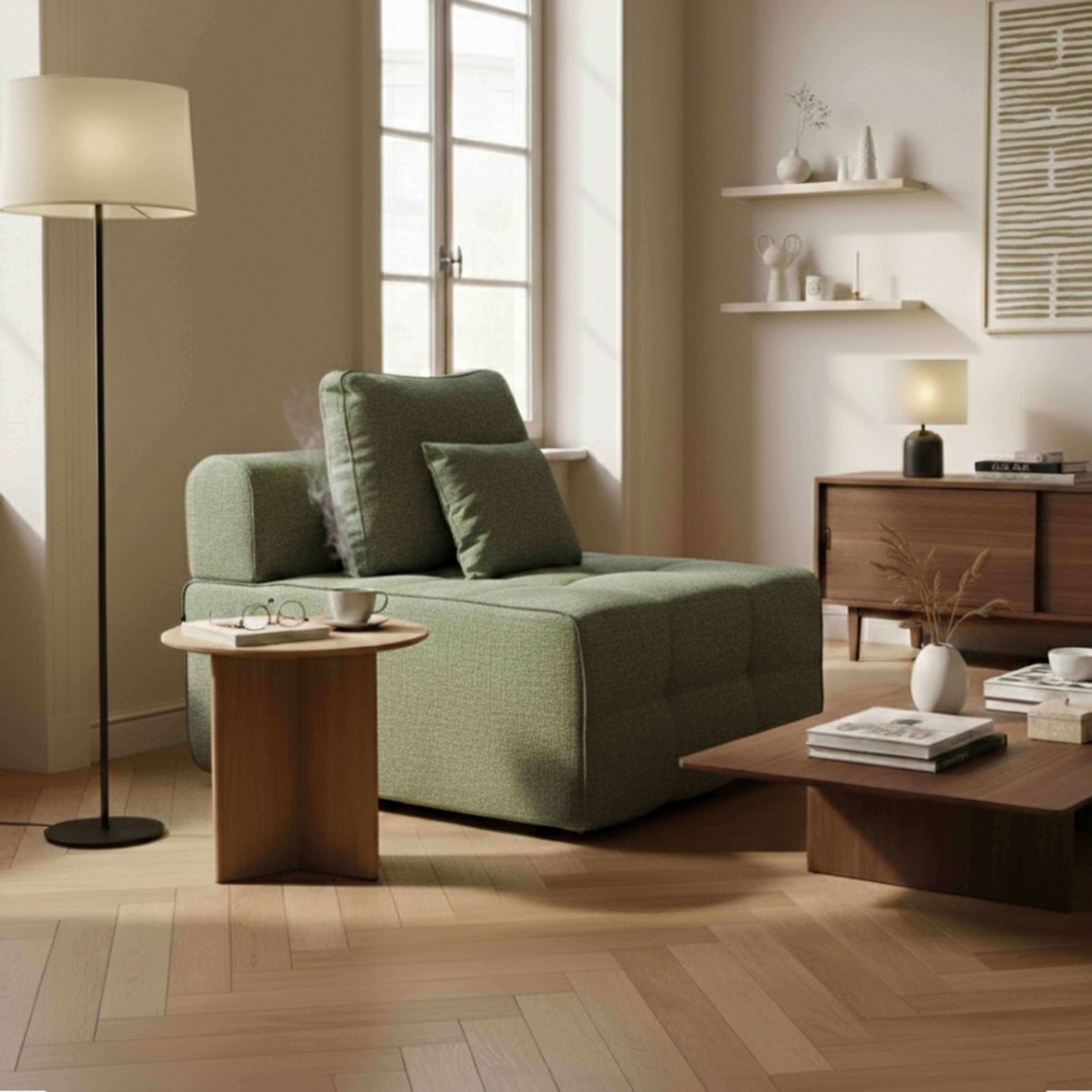 Innenraum mit grünem Sofa, Couchtisch mit Gläsern und Büchern, Lampe, Fenster und Holzmöbeln.