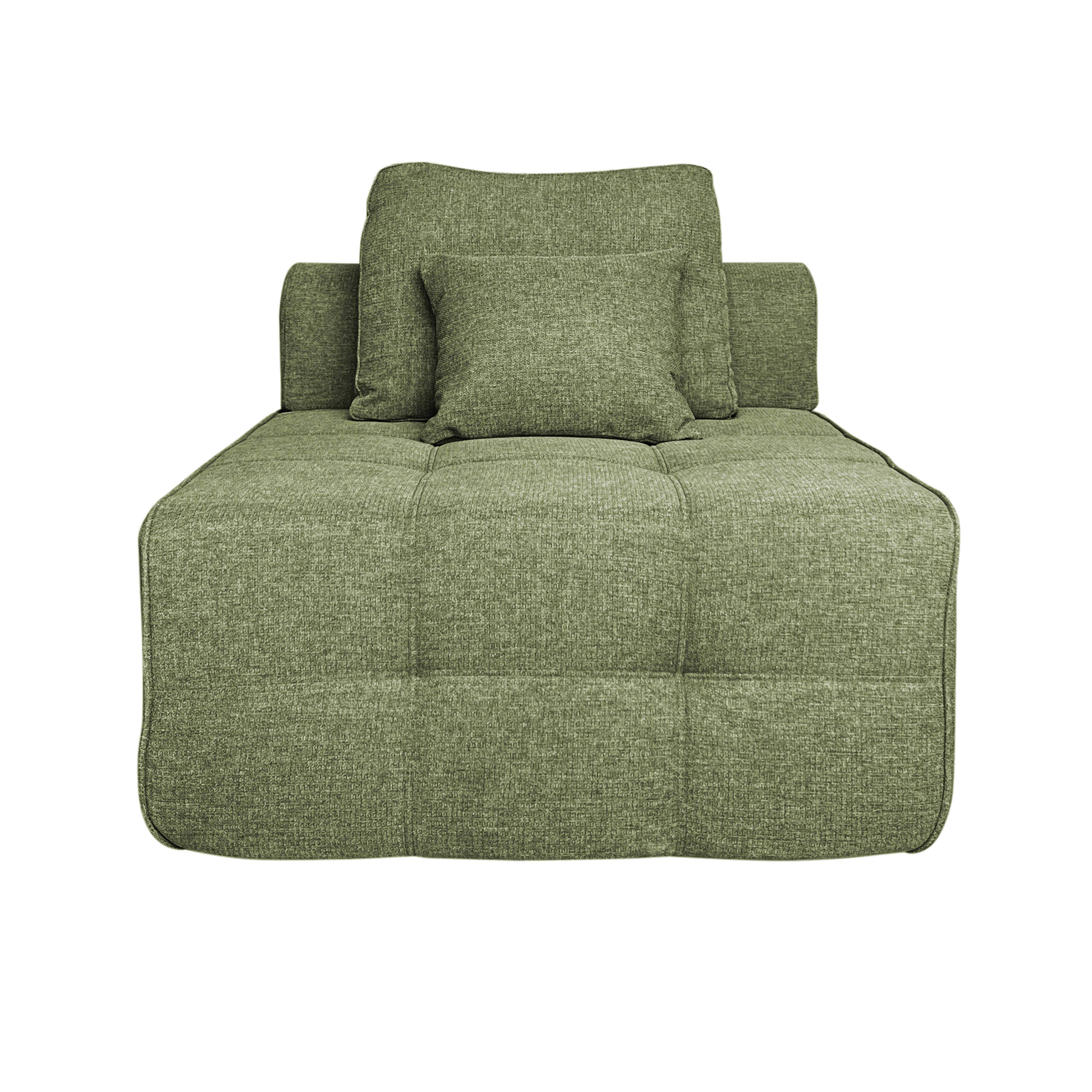 Eine grüne, strukturierte Chaiselongue mit drei Kissen. Der Hintergrund ist weiß.